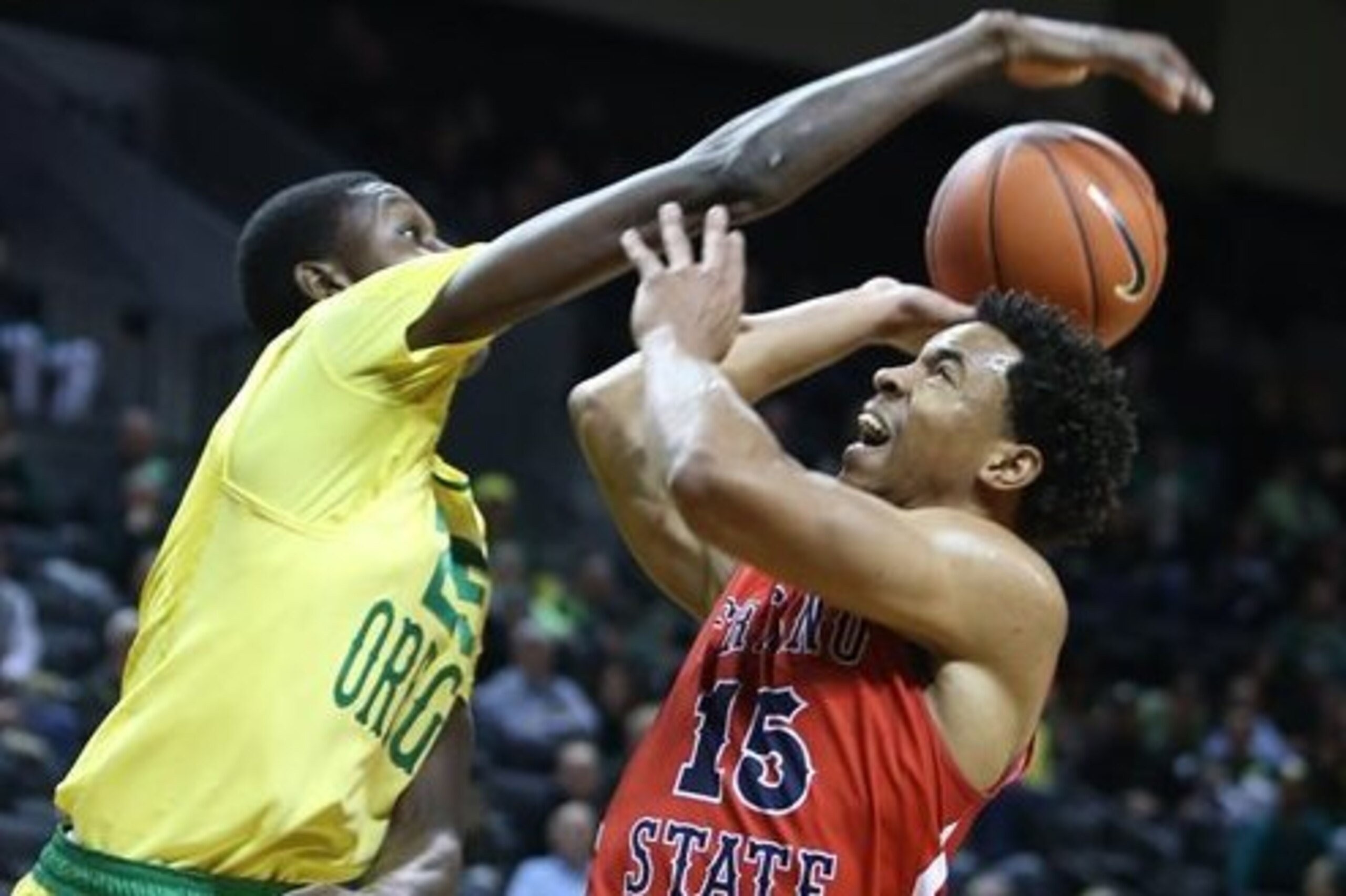 Oregon's Chris Boucher ranks second in the nation with 3.2 blocks per game this season. Oregon's Chris Boucher ranks second in the nation with 3.2 blocks per game this season.