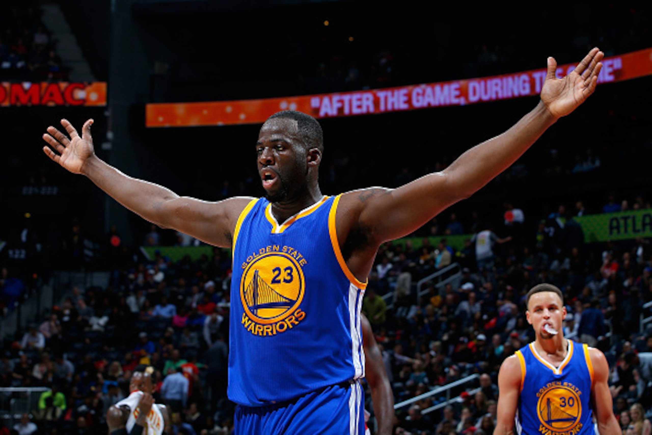 ATLANTA, GA - FEBRUARY 22:  Draymond Green #23 of the Golden State Warriors reacts after being charged with a foul in the final minutes of their 102-92 win over the Atlanta Hawks at Philips Arena on February 22, 2016 in Atlanta, Georgia.  NOTE TO USER Use