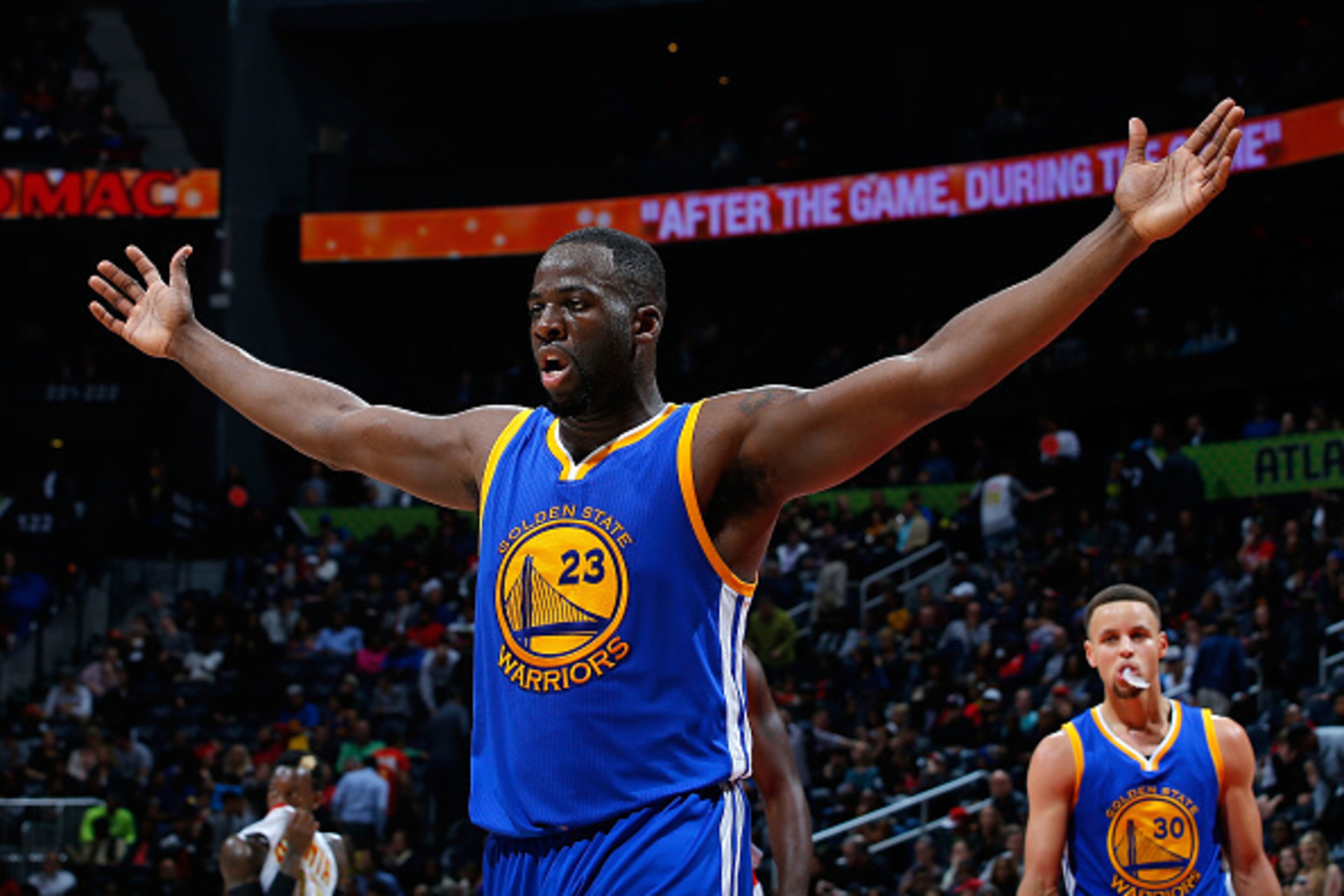 ATLANTA, GA - FEBRUARY 22: Draymond Green #23 of the Golden State Warriors reacts after being charged with a foul in the final minutes of their 102-92 win over the Atlanta Hawks at Philips Arena on February 22, 2016 in Atlanta, Georgia. NOTE TO USER Use ATLANTA, GA - FEBRUARY 22: Draymond Green #23 of the Golden State Warriors reacts after being charged with a foul in the final minutes of their 102-92 win over the Atlanta Hawks at Philips Arena on February 22, 2016 in Atlanta, Georgia. NOTE TO USER Use