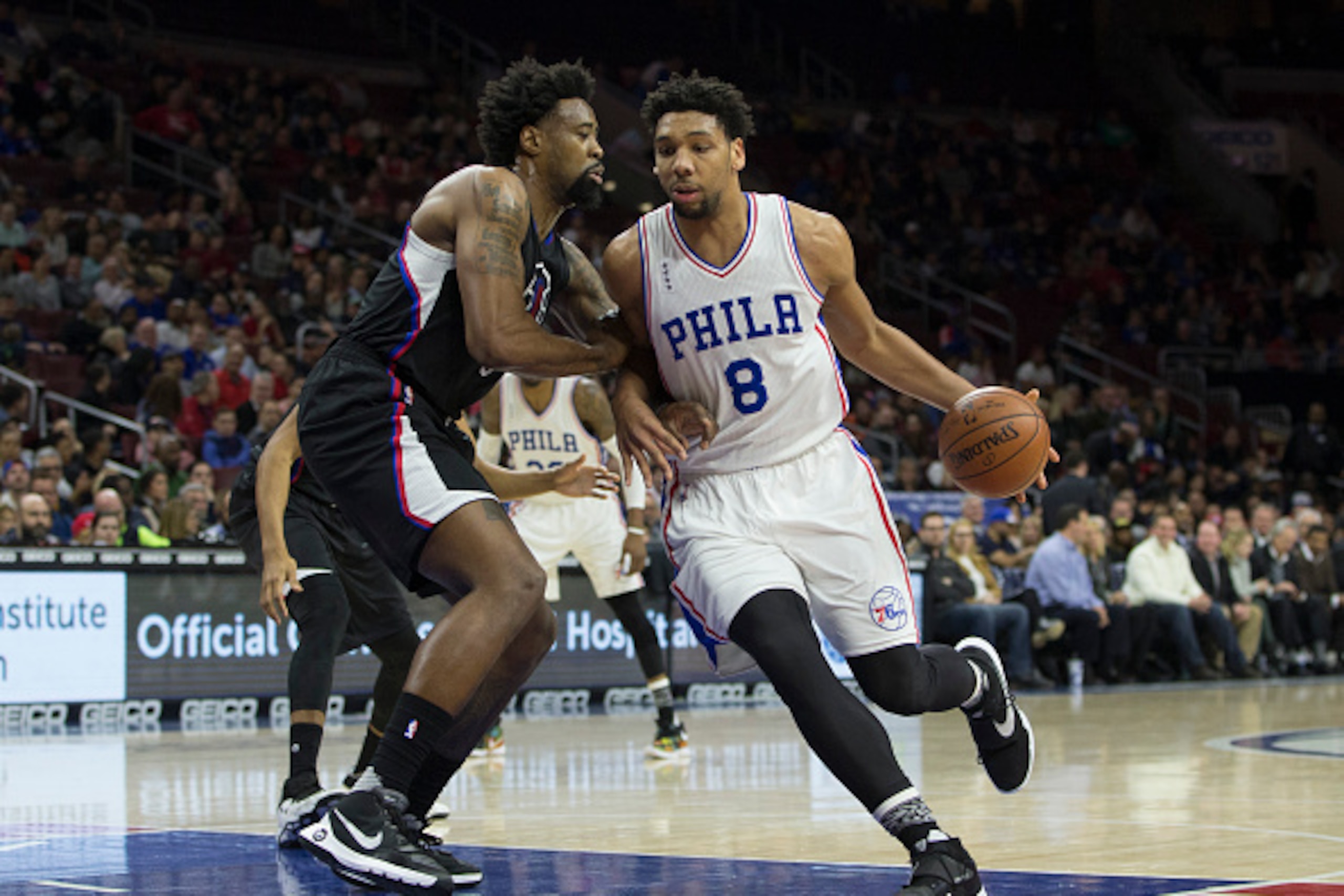 PHILADELPHIA, PA - FEBRUARY 8: Jahlil Okafor #8 of the Philadelphia 76ers controls the ball against DeAndre Jordan #6 of the Los Angeles Clippers on February 8, 2016 at the Wells Fargo Center in Philadelphia, Pennsylvania. NOTE TO USER: User expressly ack