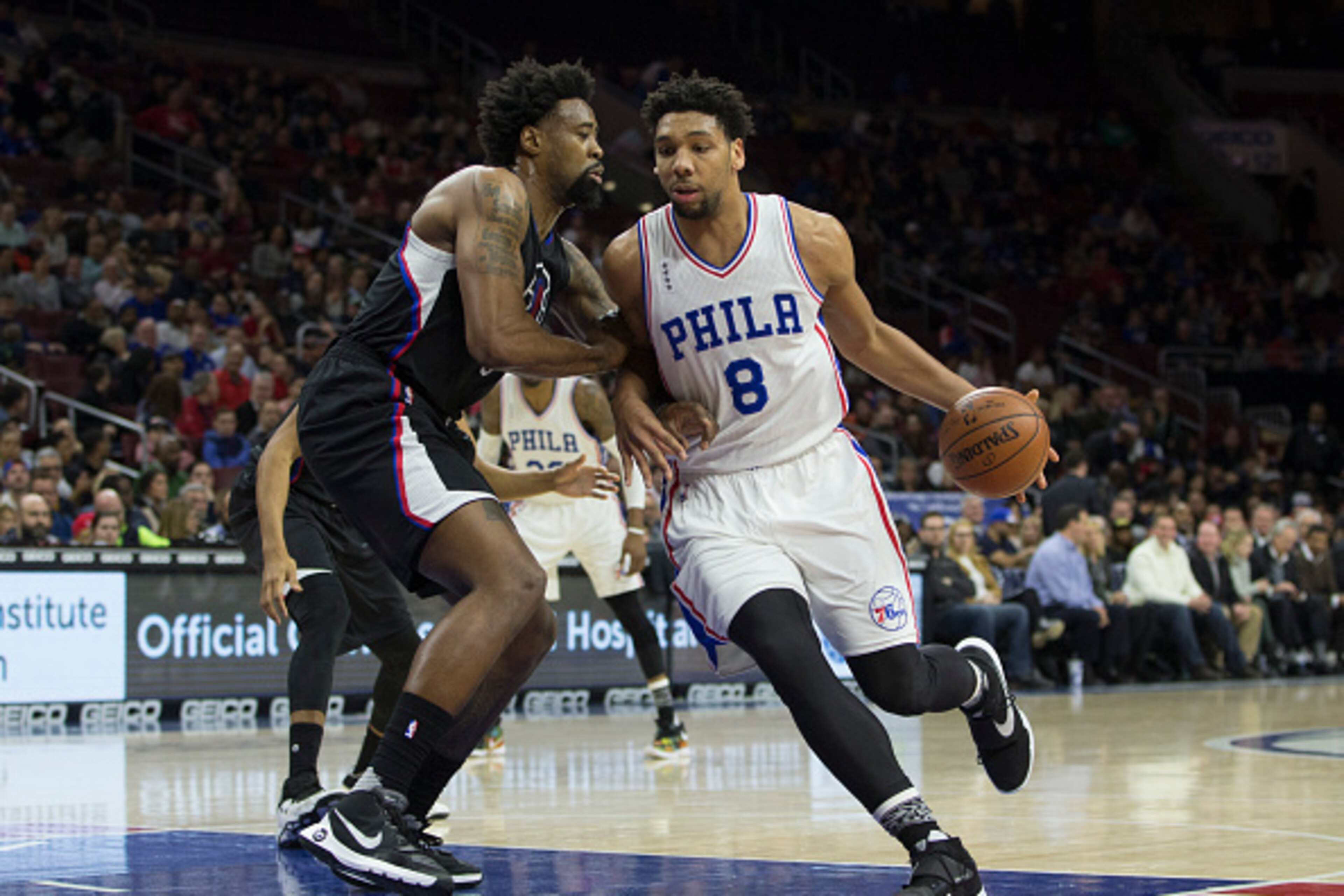 PHILADELPHIA, PA - FEBRUARY 8: Jahlil Okafor #8 of the Philadelphia 76ers controls the ball against DeAndre Jordan #6 of the Los Angeles Clippers on February 8, 2016 at the Wells Fargo Center in Philadelphia, Pennsylvania. NOTE TO USER: User expressly ack PHILADELPHIA, PA - FEBRUARY 8: Jahlil Okafor #8 of the Philadelphia 76ers controls the ball against DeAndre Jordan #6 of the Los Angeles Clippers on February 8, 2016 at the Wells Fargo Center in Philadelphia, Pennsylvania. NOTE TO USER: User expressly ack
