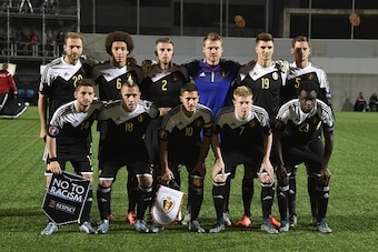 Belgium's players (bottom, from L) forward Dries Mertens, midfielder Radja Nainggolan, midfielder Eden Hazard, midfielder Kevin De Bruyne, defender Jordan Lukaku, (top, from L) forward Laurent Depoitre, midfielder Axel Witsel, defender Toby Alderweireld, 