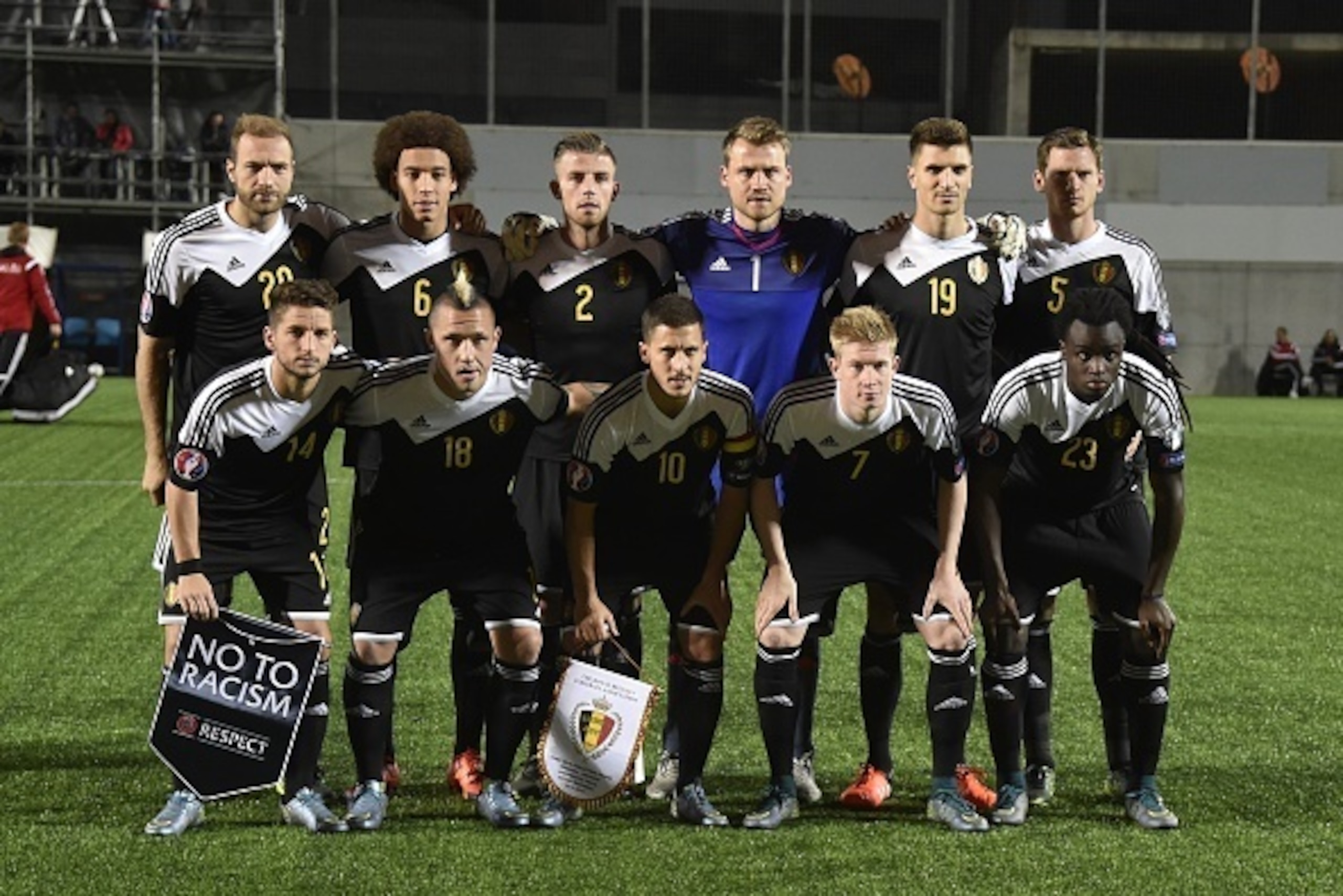 Belgium's players (bottom, from L) forward Dries Mertens, midfielder Radja Nainggolan, midfielder Eden Hazard, midfielder Kevin De Bruyne, defender Jordan Lukaku, (top, from L) forward Laurent Depoitre, midfielder Axel Witsel, defender Toby Alderweireld, Belgium's players (bottom, from L) forward Dries Mertens, midfielder Radja Nainggolan, midfielder Eden Hazard, midfielder Kevin De Bruyne, defender Jordan Lukaku, (top, from L) forward Laurent Depoitre, midfielder Axel Witsel, defender Toby Alderweireld,