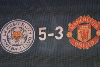 LEICESTER, ENGLAND - SEPTEMBER 21:  The final score is shown on the screen at the end of the Barclays Premier League match between Leicester City and Manchester United at The King Power Stadium on September 21, 2014 in Leicester, England.  (Photo by Mike 