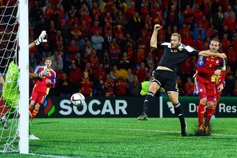 ANDORRA LA VELLA, ANDORRA - OCTOBER 10: Laurent Depoitre of Belgium scores his team's fourth goal during the UEFA EURO 2016 Qualifier match between Andorra and Belgium at Estadi Nacional d'Andorra la Vella on October 10, 2015 in Andorra la Vella, Andorra.