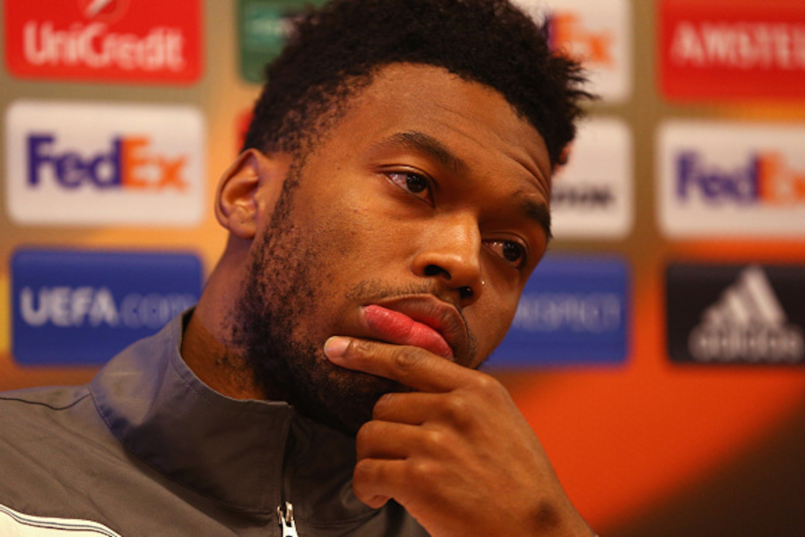 LIVERPOOL, ENGLAND - FEBRUARY 24:  Daniel Sturridge looks on during a Liverpool press conference ahead of their UEFA Europa League round of 32 second leg match against FC Augsburg at Melwood Training Ground on February 24, 2016 in Liverpool, United Kingdo