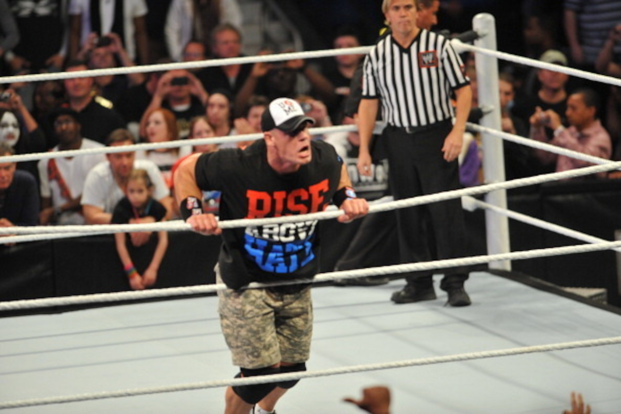 ATLANTA, GA - OCTOBER 31: John Cena reacts during the WWE Monday Night Raw Supershow Halloween event at the Philips Arena on October 31, 2011 in Atlanta, Georgia. (Photo by Moses Robinson/Getty Images)