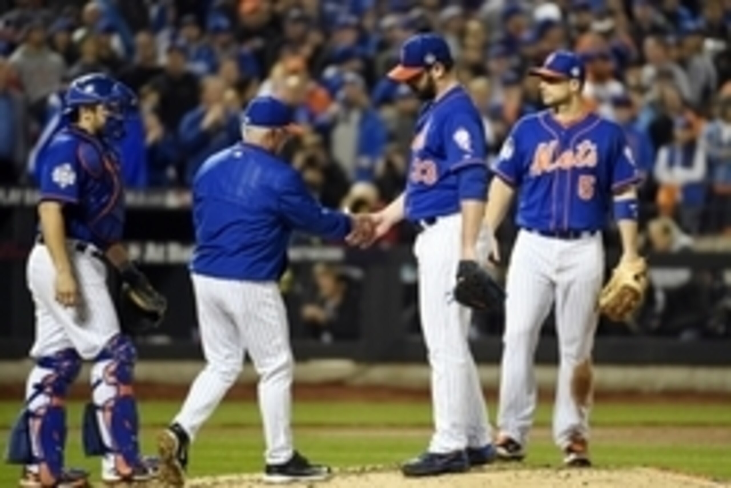 Nov 1, 2015; New York City, NY, USA; New York Mets starting pitcher Matt Harvey (33) is relieved by manager Terry Collins in the 9th inning in game five of the World Series at Citi Field. Mandatory Credit: Robert Deutsch-USA TODAY Sports