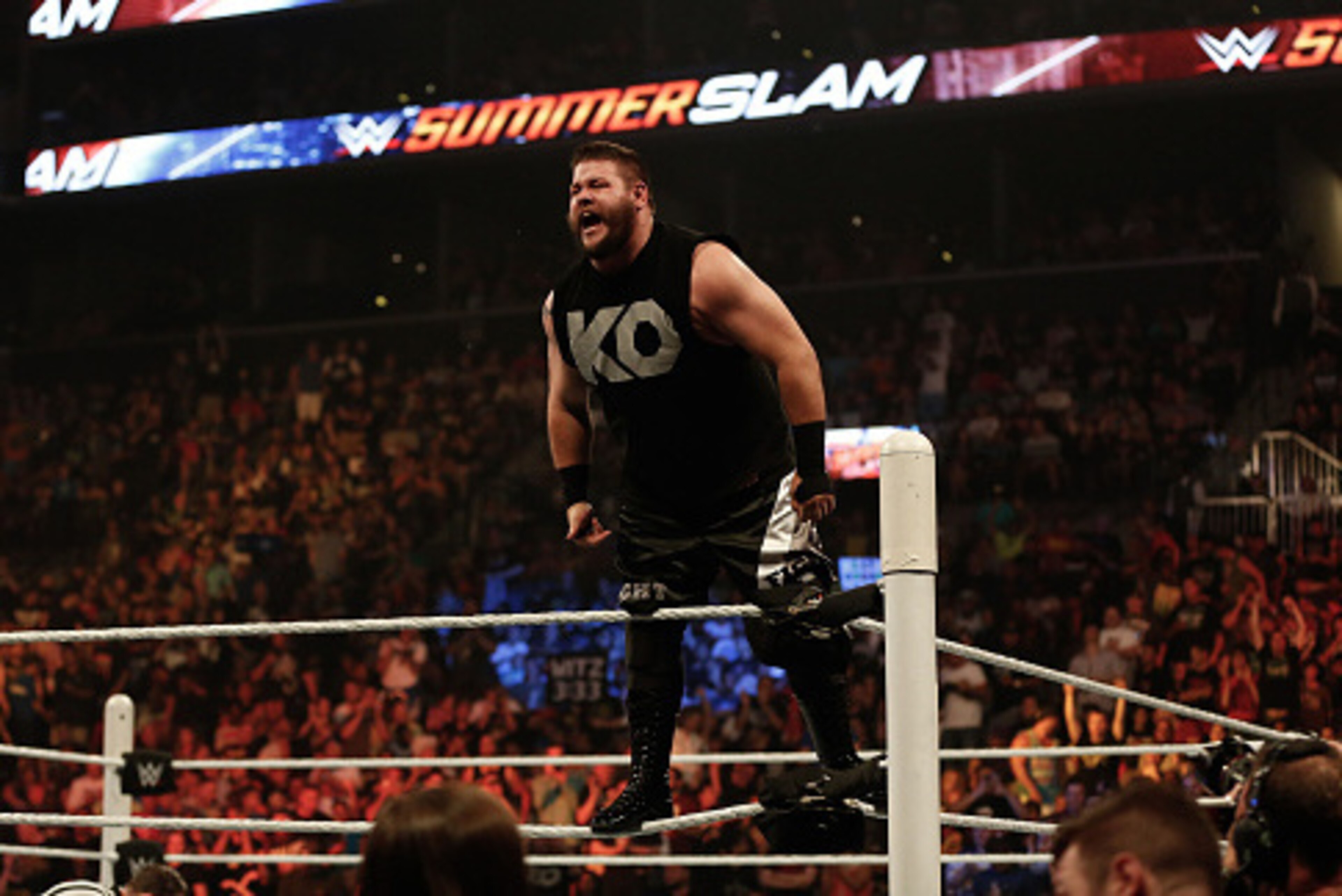 NEW YORK, NY - AUGUST 23:  Kevin Owens celebrates his victory over Cesaro at the WWE SummerSlam 2015 at Barclays Center of Brooklyn on August 23, 2015 in New York City.  (Photo by JP Yim/Getty Images)