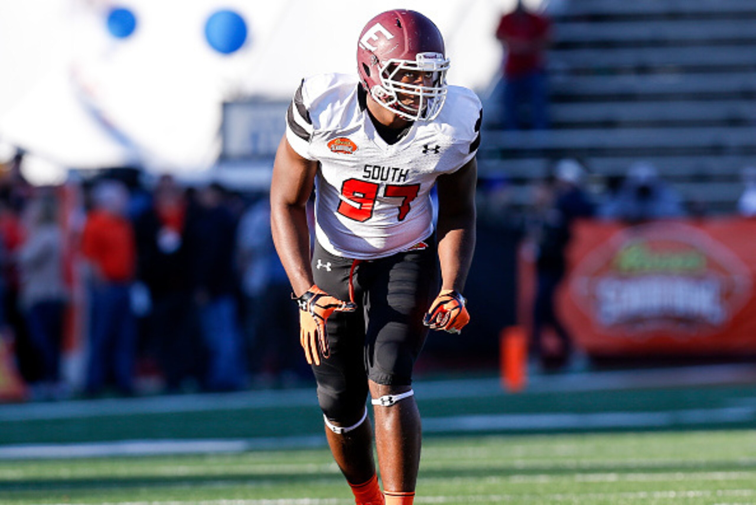 MOBILE, AL - JANUARY 30: Eastern Kentucky Defensive End Noah Spence #97 of the South Team during the 2016 Resse's Senior Bowl at Ladd-Peebles Stadium on January 30, 2016 in Mobile, Alabama. The South defeated the North 27-16. (Photo by Don Juan Moore/Gett