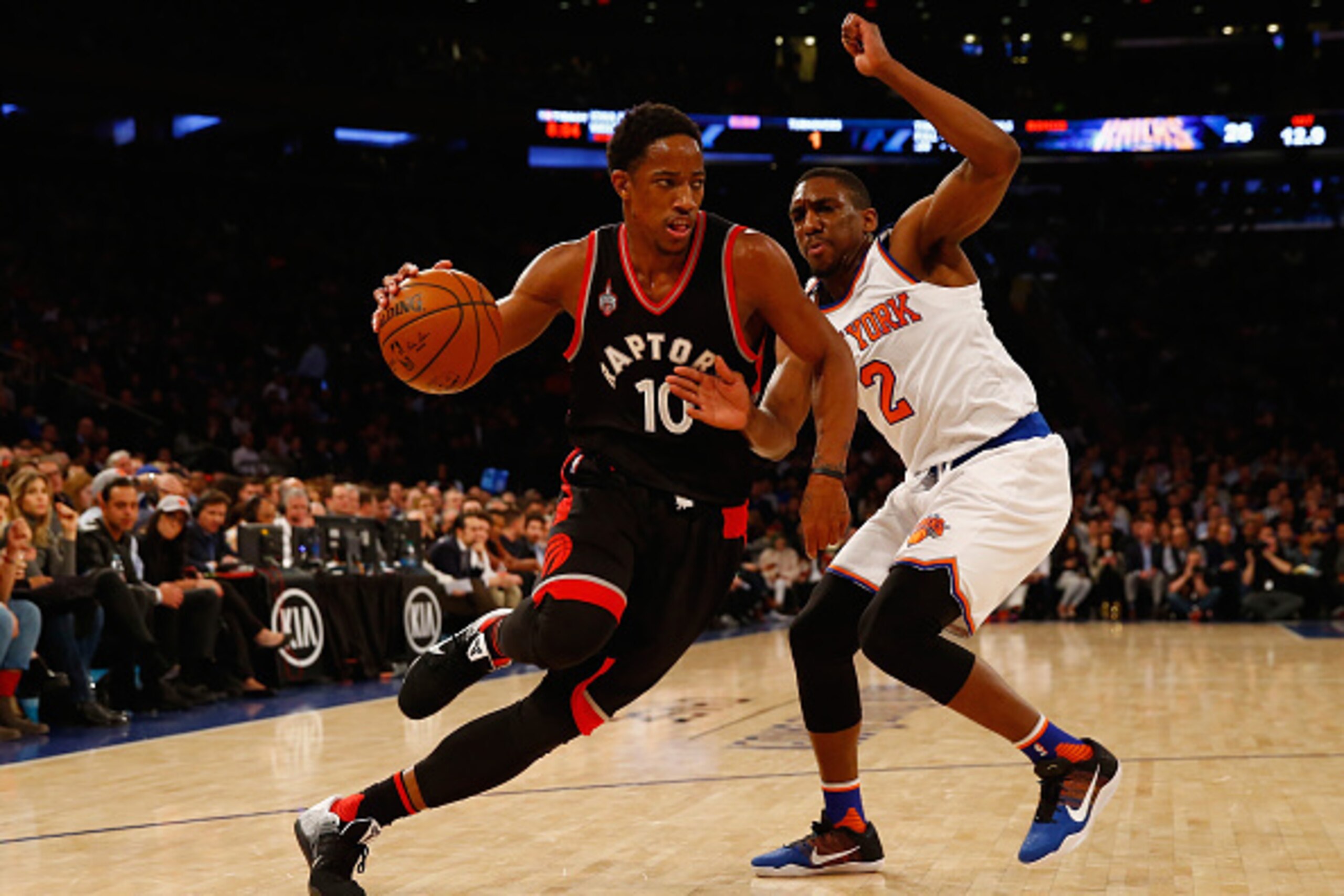 NEW YORK, NY - FEBRUARY 22:  DeMar DeRozan #10 of the Toronto Raptors Langston Galloway #2 of the New York Knicks during their game at Madison Square Garden on February 22, 2016 in New York City.  NOTE TO USER: User expressly acknowledges and agrees that,