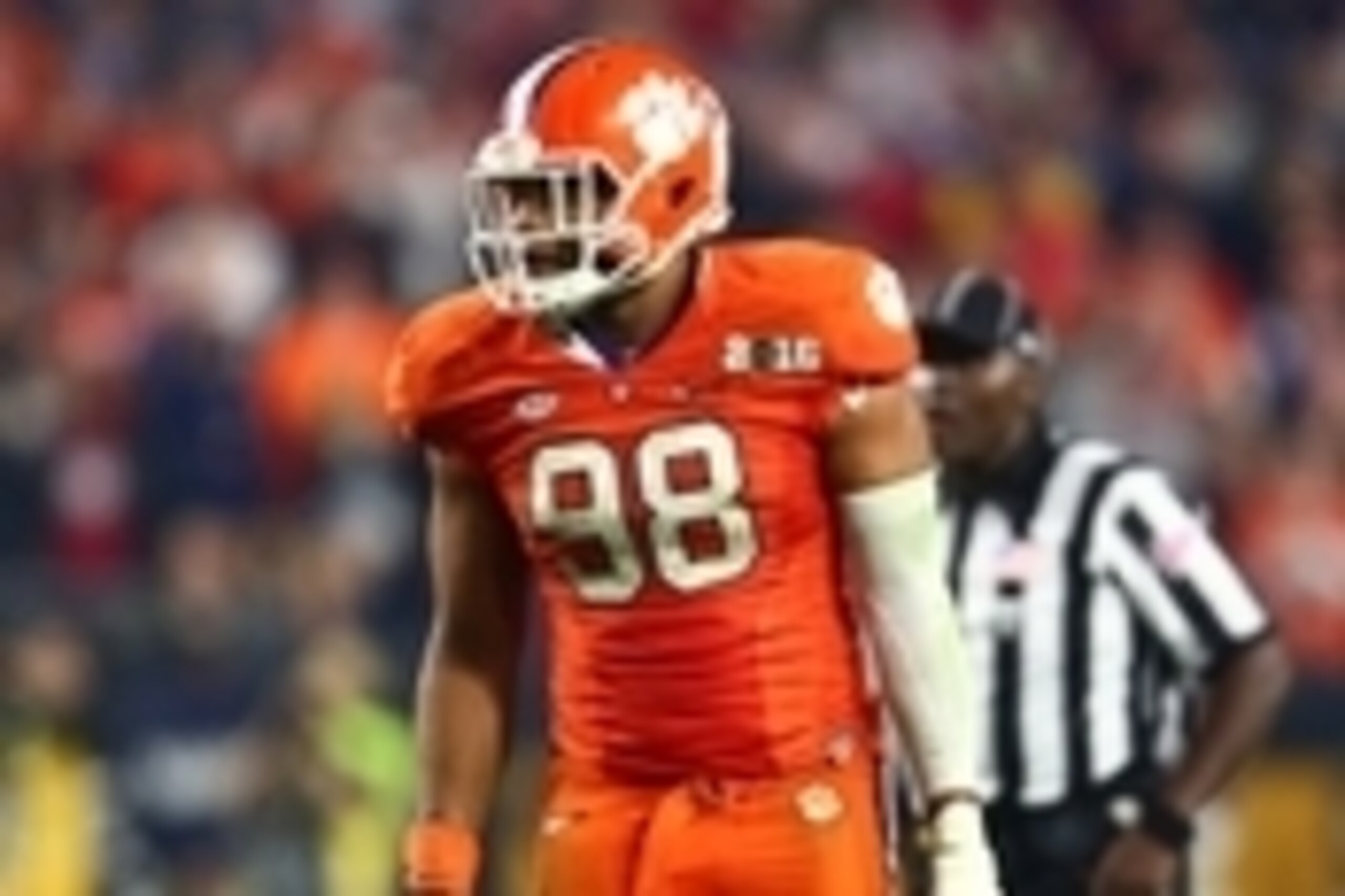 Jan 11, 2016; Glendale, AZ, USA; Clemson Tigers defensive end Kevin Dodd (98) against the Alabama Crimson Tide in the 2016 CFP National Championship at University of Phoenix Stadium. Mandatory Credit: Mark J. Rebilas-USA TODAY Sports