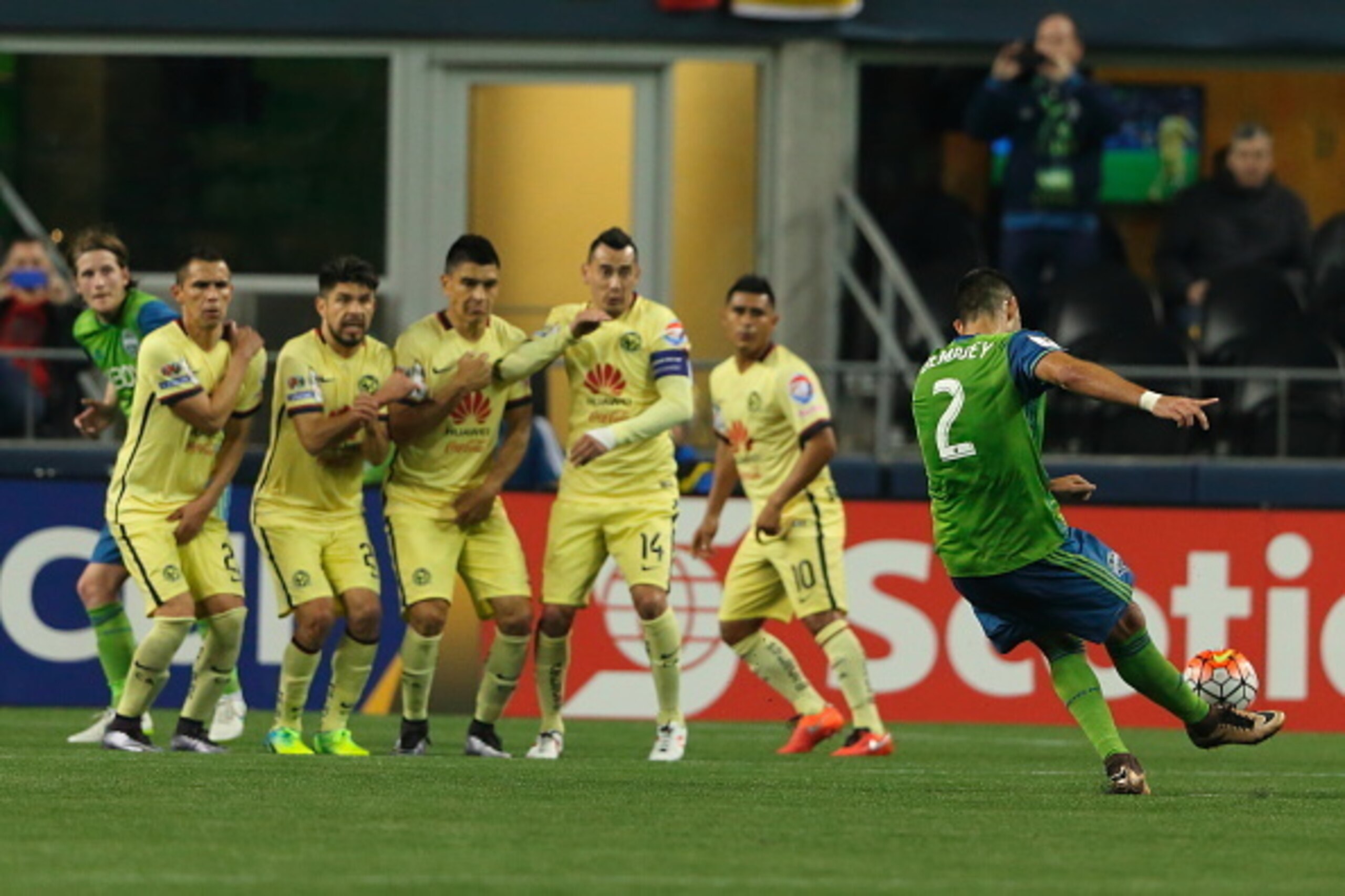 SEATTLE, WA - FEBRUARY 23:  Clint Dempsey of Seattle Sounders kicks and scores a goal to make it 1-0 on a free kick during the CONCACAF Champions League match between Seattle Sounders and Club America at CenturyLink Field on February 23, 2016 in Seattle, 