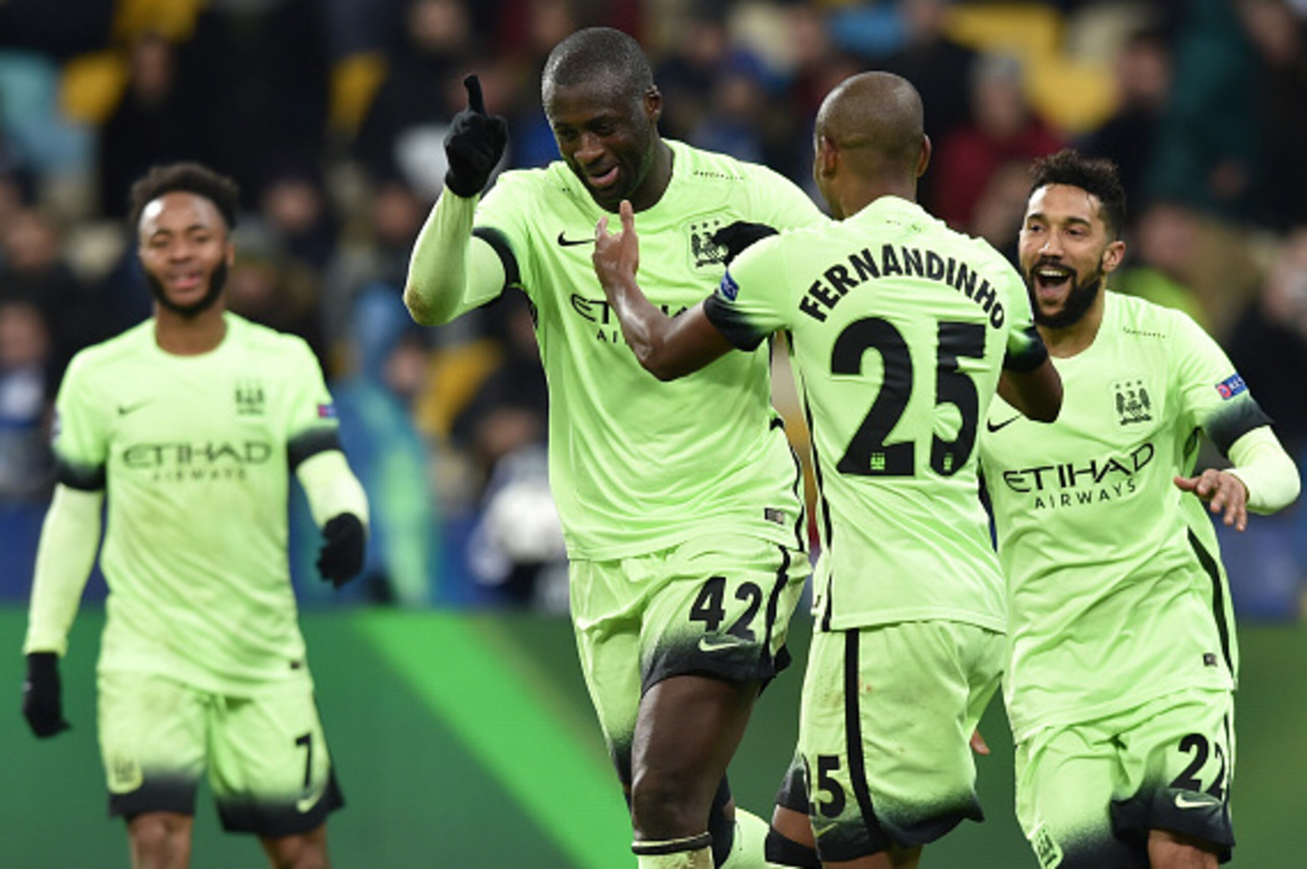 Manchester City's Ivorian midfielder Yaya Toure celebrates after scoring during the UEFA Champions league round of 16, first leg, football match FC Dynamo Kyiv vs Manchester City  FC at the NSC Olimpiski stadium in Kiev on February 24, 2016.  AFP PHOTO / 