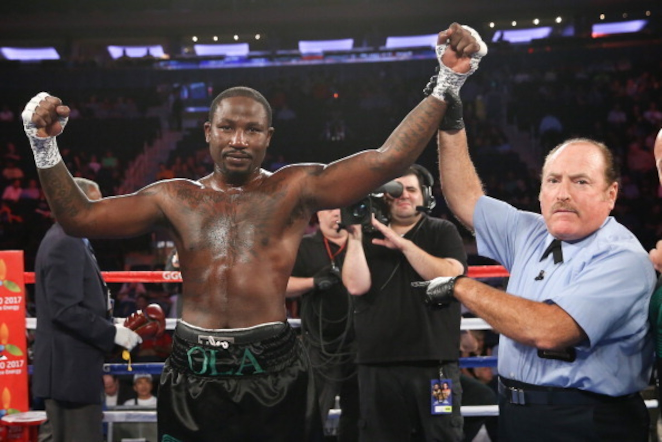 NEW YORK, NY - JULY 26: Referee Steve Smoger raises the arm of Ola Afolabi after his knockout win over Anthony Caputo Smith (not shown) during their cruiserweight bout at Madison Square Garden on July 26, 2014 in New York, New York. (Photo by Ed Mulhollan NEW YORK, NY - JULY 26: Referee Steve Smoger raises the arm of Ola Afolabi after his knockout win over Anthony Caputo Smith (not shown) during their cruiserweight bout at Madison Square Garden on July 26, 2014 in New York, New York. (Photo by Ed Mulhollan