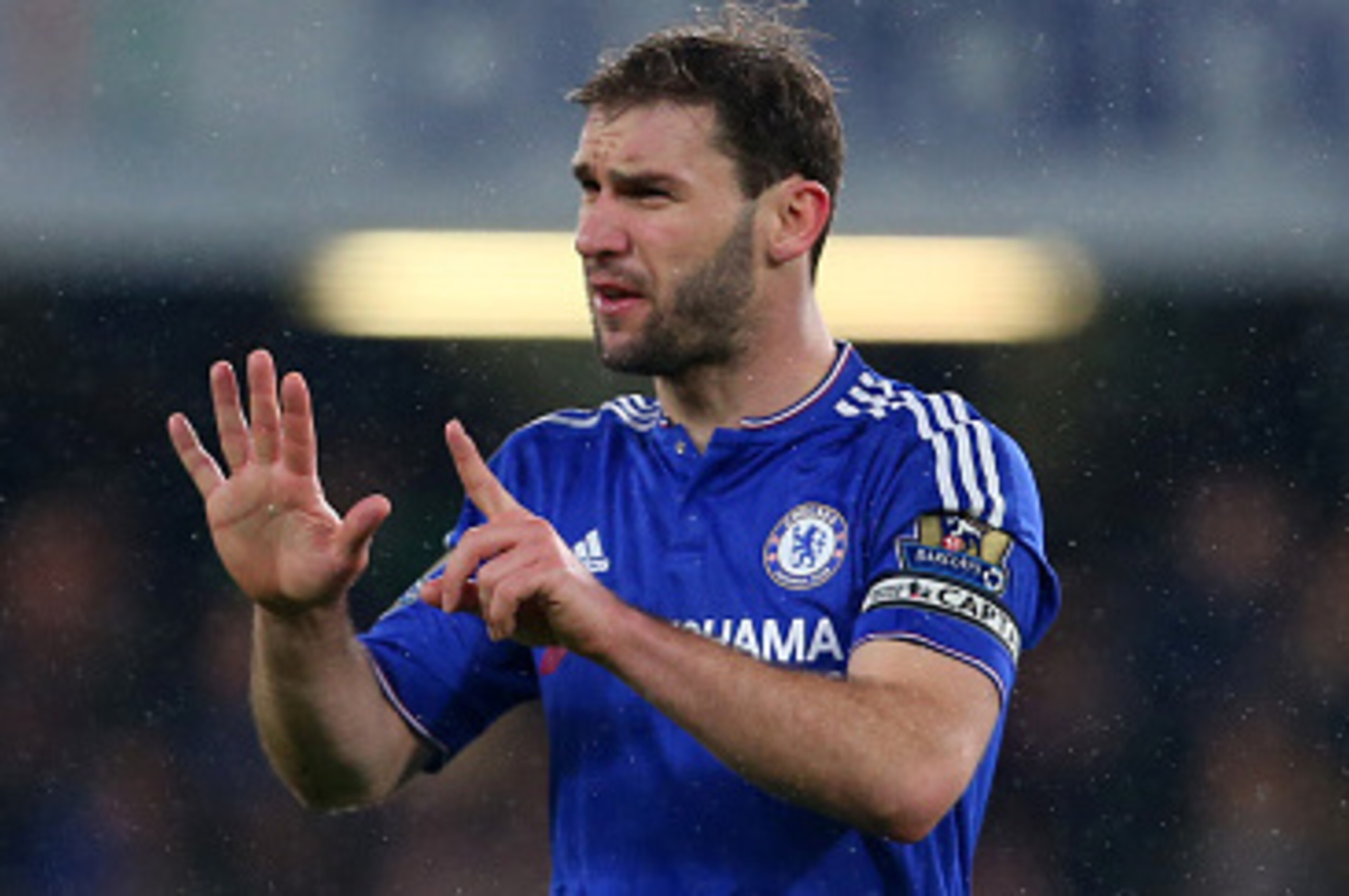 LONDON, ENGLAND - FEBRUARY 13 :  Branislav Ivanovic of Chelsea holds his fingers up which by coincidence matched the 5-1 scoreline during the Barclays Premier League match between Chelsea and Newcastle United at Stamford Bridge on February 13, 2016 in Lon