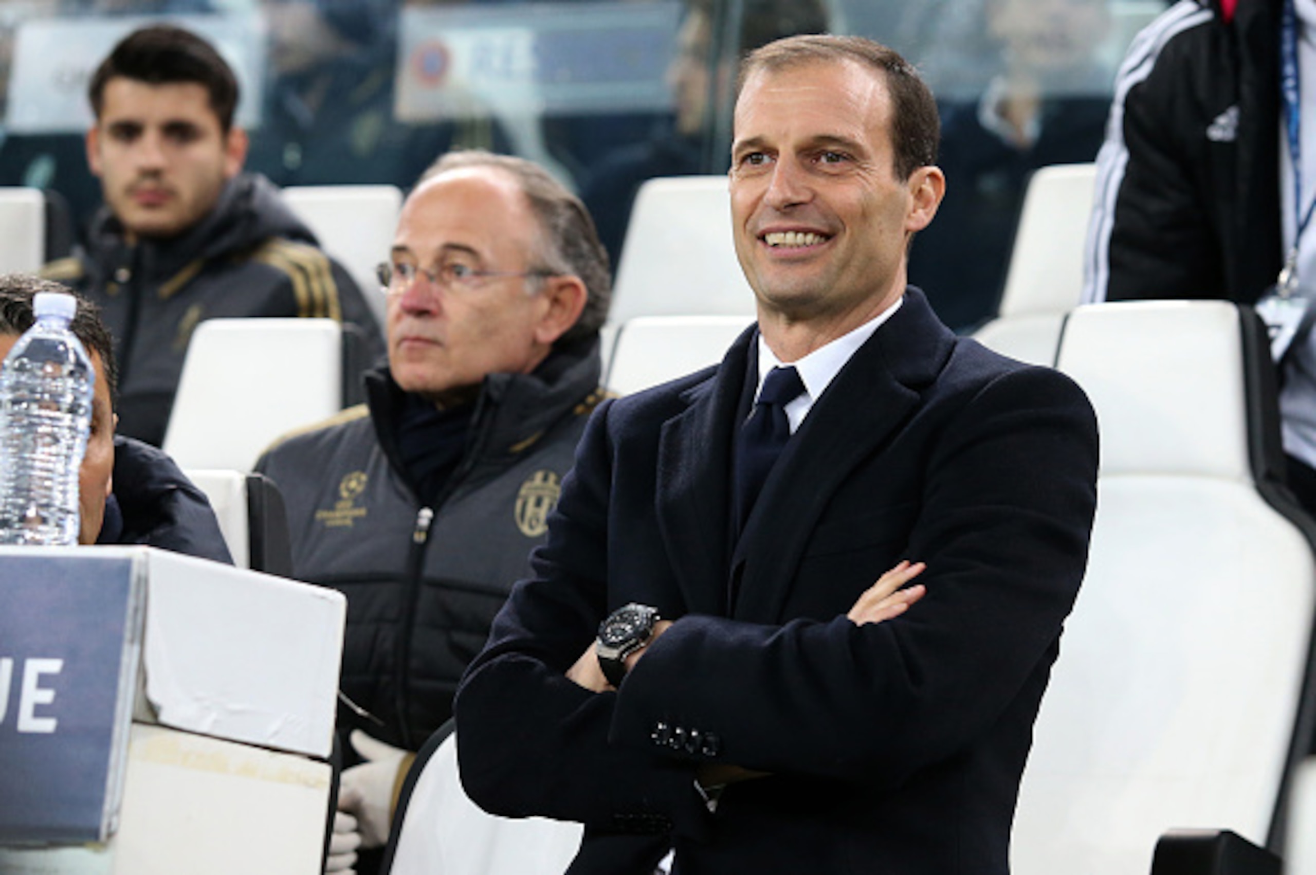 TURIN, ITALY - FEBRUARY 23: Coach of Juventus Massimiliano Allegri looks on during the UEFA Champions League Round of 16 first leg match between Juventus Turin and Bayern Muenchen (Bayern Munich) at Juventus Stadium on February 23, 2016 in Turin, Italy. ( TURIN, ITALY - FEBRUARY 23: Coach of Juventus Massimiliano Allegri looks on during the UEFA Champions League Round of 16 first leg match between Juventus Turin and Bayern Muenchen (Bayern Munich) at Juventus Stadium on February 23, 2016 in Turin, Italy. (