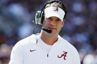 COLLEGE STATION, TX - OCTOBER 17:  Offensive coordinator Lane Kiffin of the Alabama Crimson Tide walks on the sideline during the second half of their game against the Texas A&M Aggies at Kyle Field on October 17, 2015 in College Station, Texas.  (Photo b