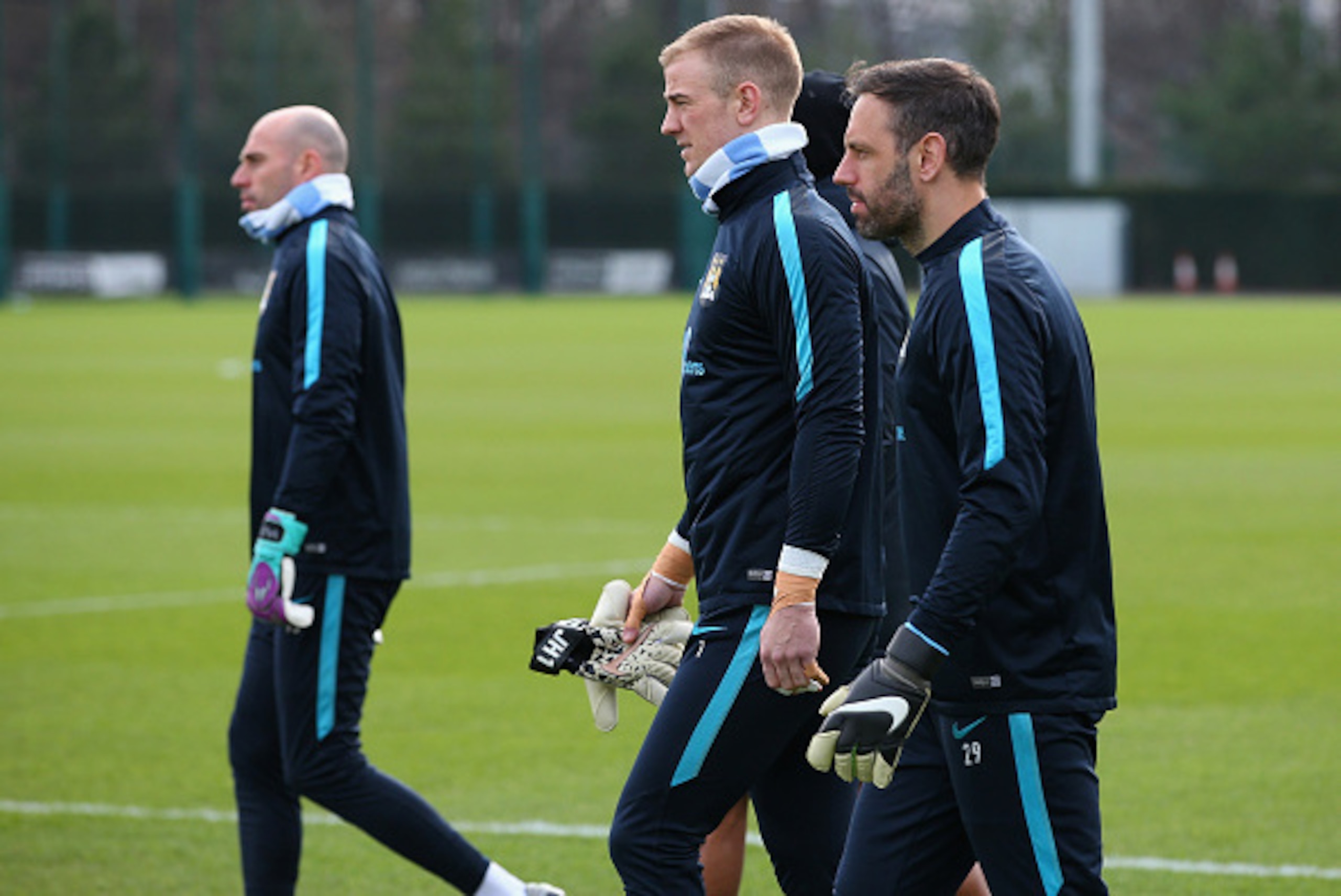 MANCHESTER, ENGLAND - FEBRUARY 26:  Willy Caballero, Joe Hart and Richard Wright of Manchester City during a training session at the Manchester City Football Academy on February 26, 2016 in Manchester, United Kingdom.  (Photo by Alex Livesey/Getty Images)