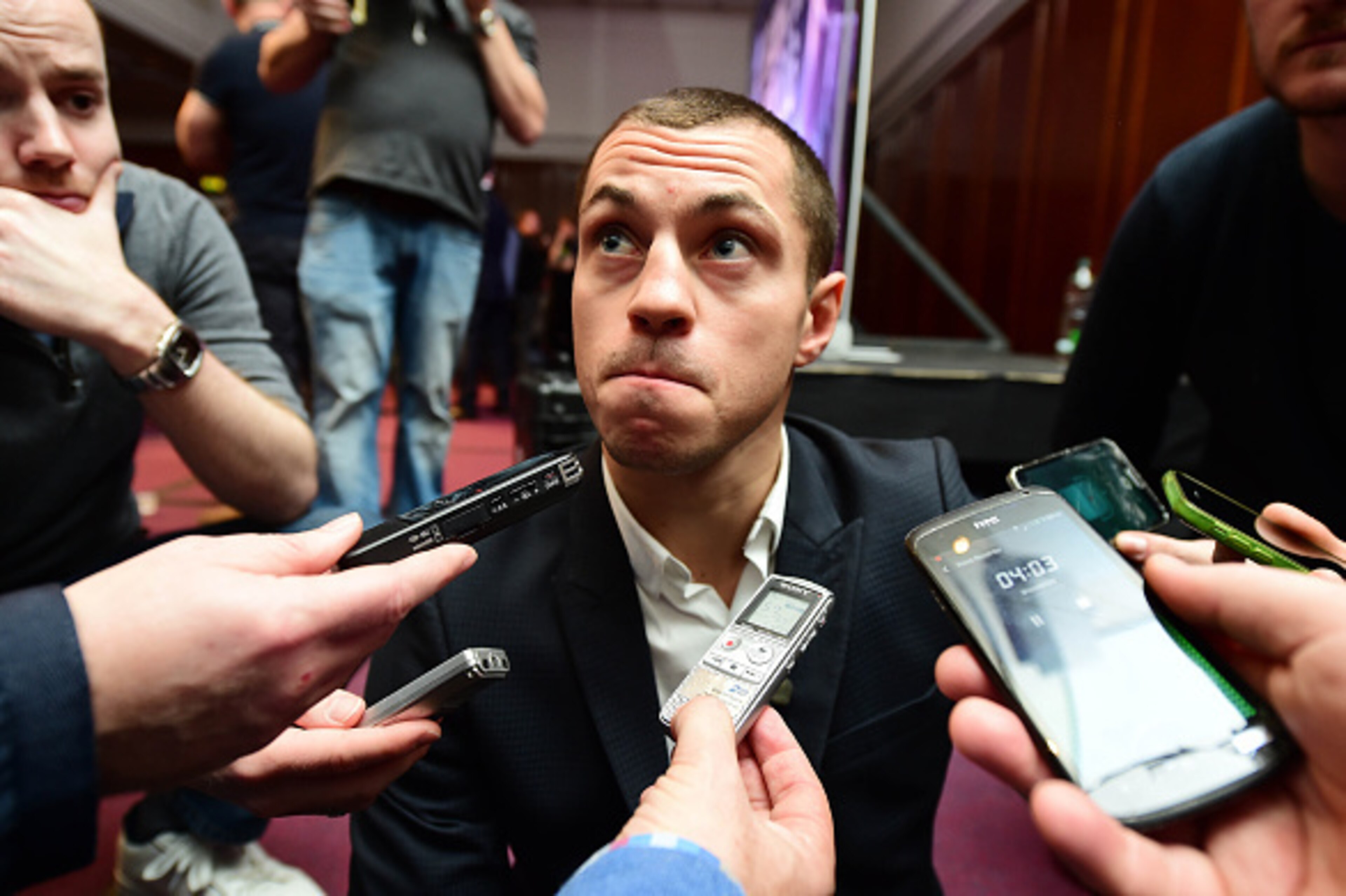 BELFAST, NORTHERN IRELAND - NOVEMBER 18:  WBA champion Scott Quigg speaks to reporters after the WBA and IBF super-bantamweight world title unification pre-fight press conference at Europa Hotel on November 18, 2015 in Belfast, Northern Ireland. The much 