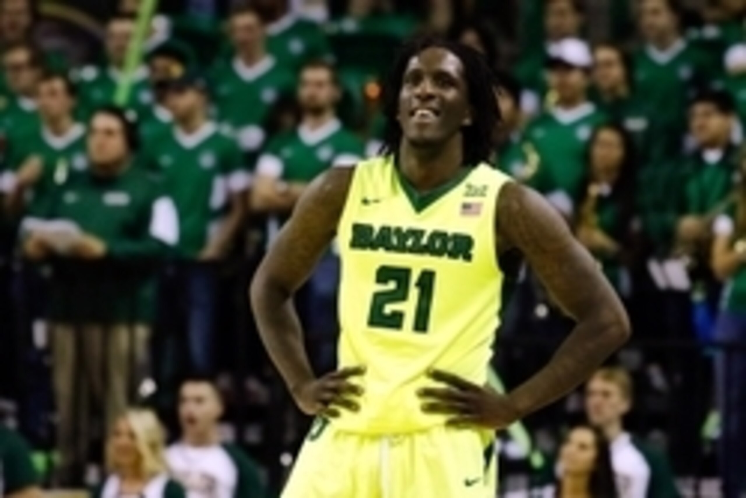 Feb 16, 2016; Waco, TX, USA; Baylor Bears forward Taurean Prince (21) after a made basket against the Iowa State Cyclones during a game at Ferrell Center. Baylor won 100-91 in overtime. Mandatory Credit: Ray Carlin-USA TODAY Sports