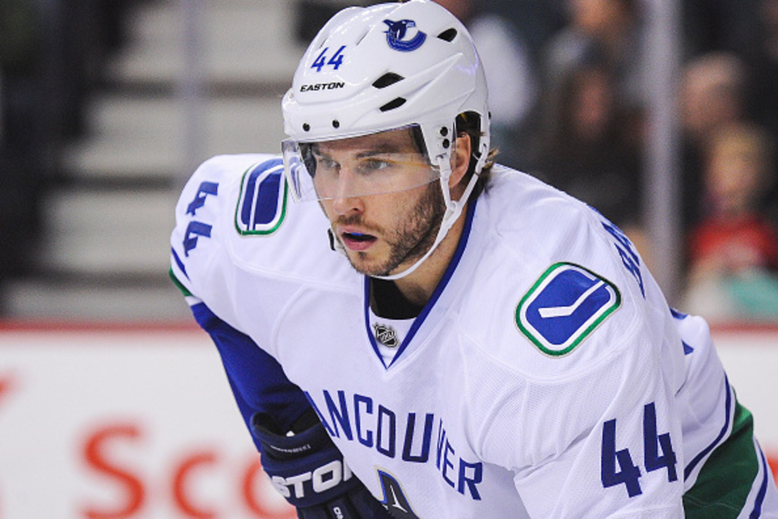 CALGARY, AB - FEBRUARY 19: Matt Bartkowski #44 of the Vancouver Canucks in action against the Calgary Flames during an NHL game at Scotiabank Saddledome on February 19, 2016 in Calgary, Alberta, Canada. (Photo by Derek Leung/Getty Images)