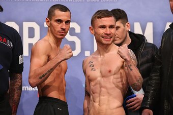 MANCHESTER, ENGLAND - FEBRUARY 26:  Carl Frampton and Scott Quigg go face to face at the weigh-in ahead of their Super-Bantamweight fight at the at Manchester Arena on February 26, 2016 in Manchester, England.  (Photo by Alex Livesey/Getty Images)