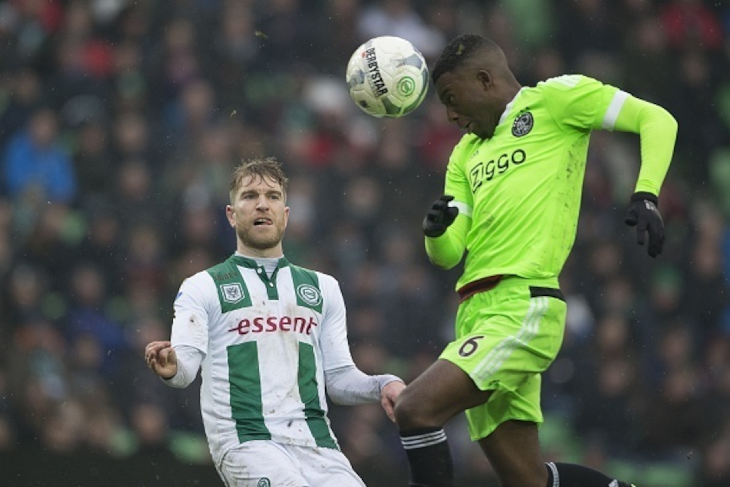 14-02-2016, Ajax, Michael de Leeuw of FC Groningen, Riechedly Bazoer of AFC Ajax, during the Dutch Eredivisie match between FC Groningen and Ajax Amsterdam at Euroborg on February 14, 2016 in Groningen, The Netherlands(Photo by VI Images via Getty Images) 14-02-2016, Ajax, Michael de Leeuw of FC Groningen, Riechedly Bazoer of AFC Ajax, during the Dutch Eredivisie match between FC Groningen and Ajax Amsterdam at Euroborg on February 14, 2016 in Groningen, The Netherlands(Photo by VI Images via Getty Images)