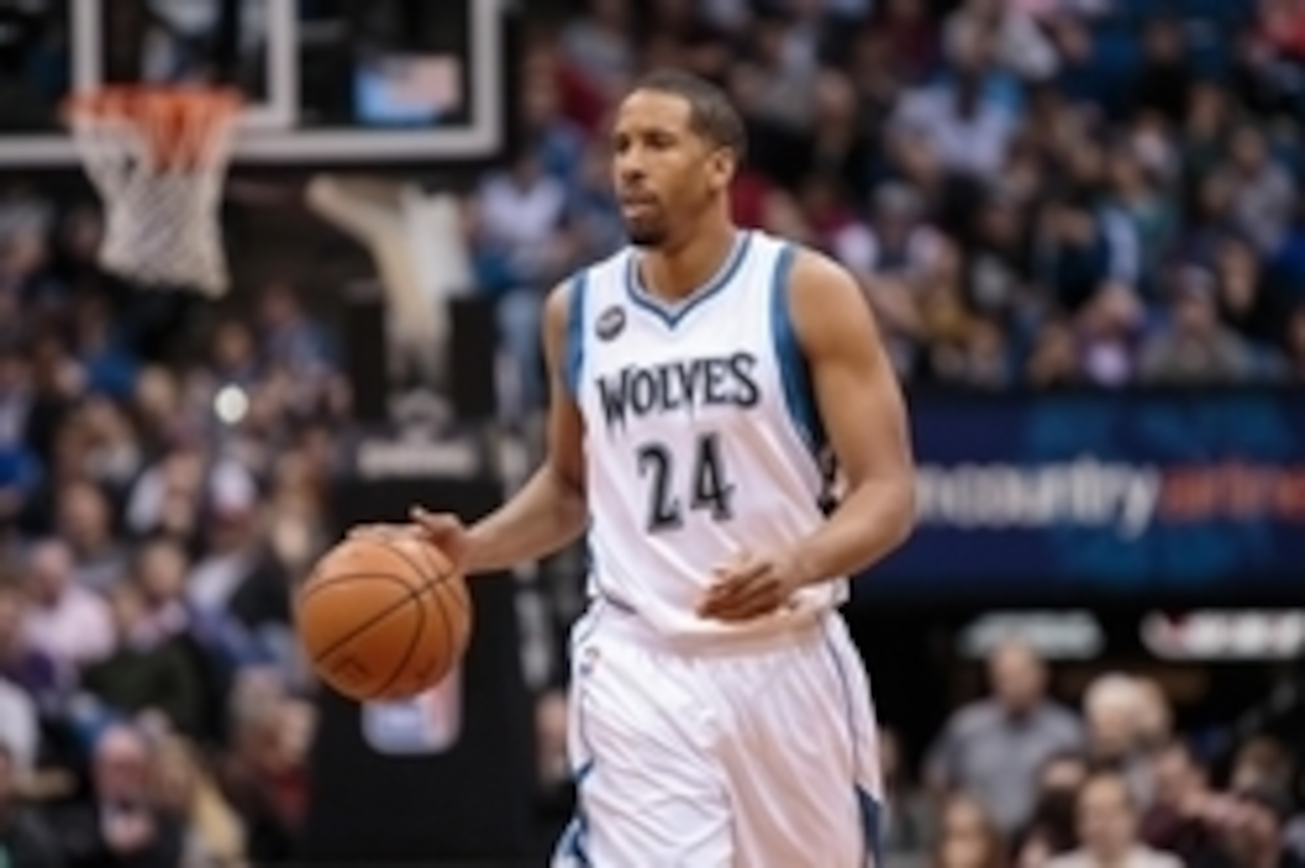 Nov 12, 2015; Minneapolis, MN, USA; Minnesota Timberwolves guard Andre Miller (24) dribbles in the third quarter against the Golden State Warriors at Target Center. The Golden State Warriors beat he Minnesota Timberwolves 129-116. Mandatory Credit: Brad R