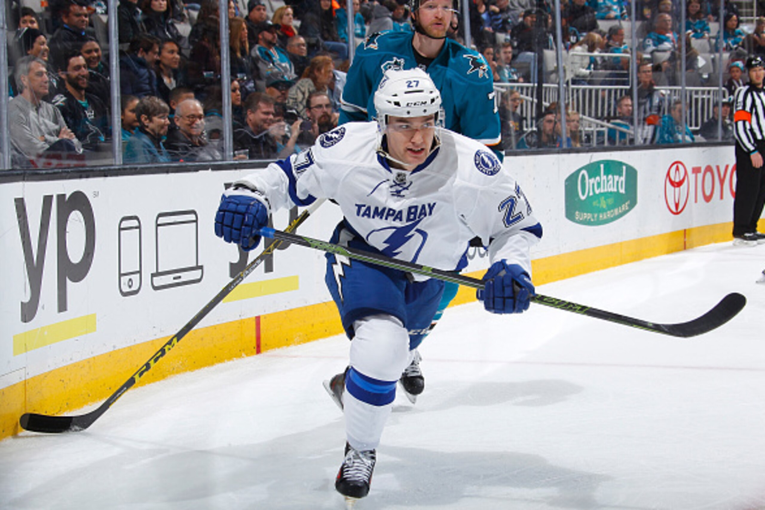 SAN JOSE, CA - DECEMBER 5: Jonathan Drouin #27 of the Tampa Bay Lightning skates against Paul Martin #7 of the San Jose Sharks at SAP Center on December 5, 2015 in San Jose, California. (Photo by Rocky W. Widner/NHL/Getty Images)
