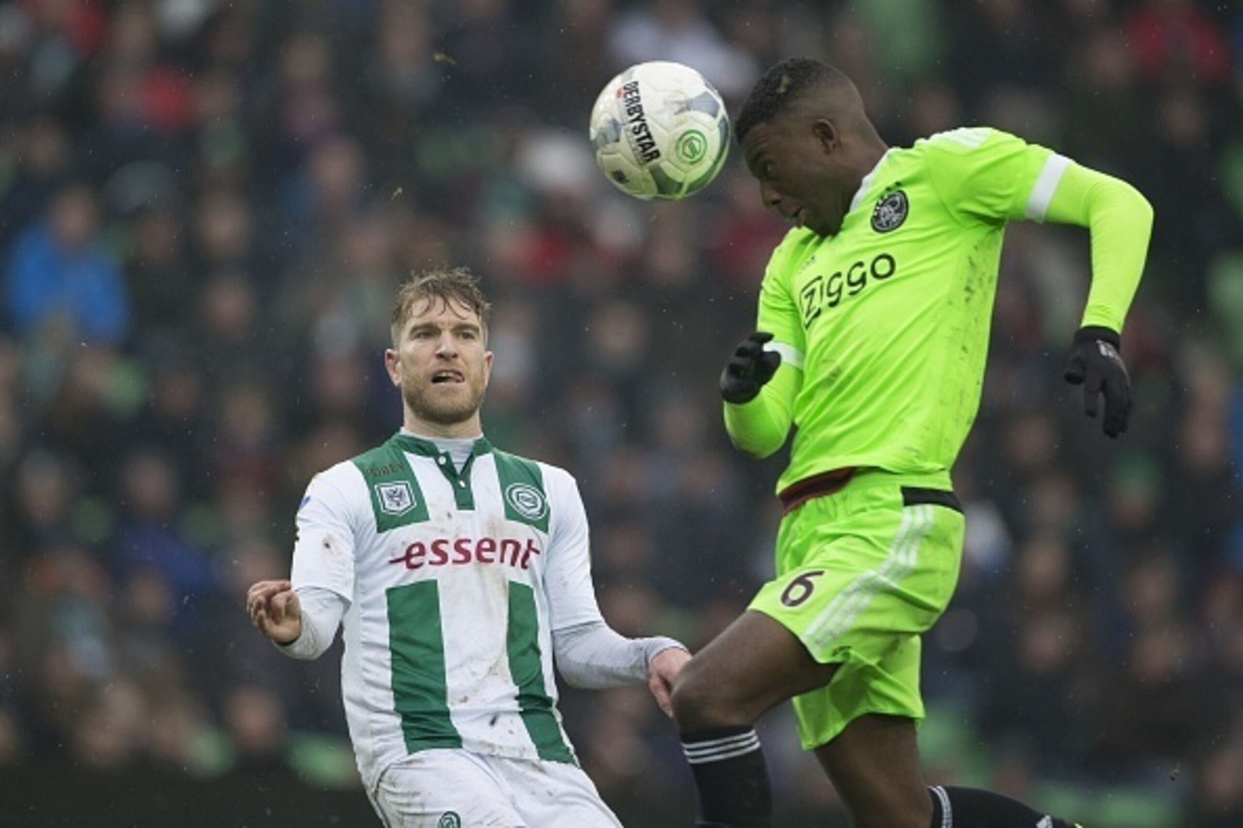 14-02-2016, Ajax, Michael de Leeuw of FC Groningen, Riechedly Bazoer of AFC Ajax, during the Dutch Eredivisie match between FC Groningen and Ajax Amsterdam at Euroborg on February 14, 2016 in Groningen, The Netherlands(Photo by VI Images via Getty Images)
