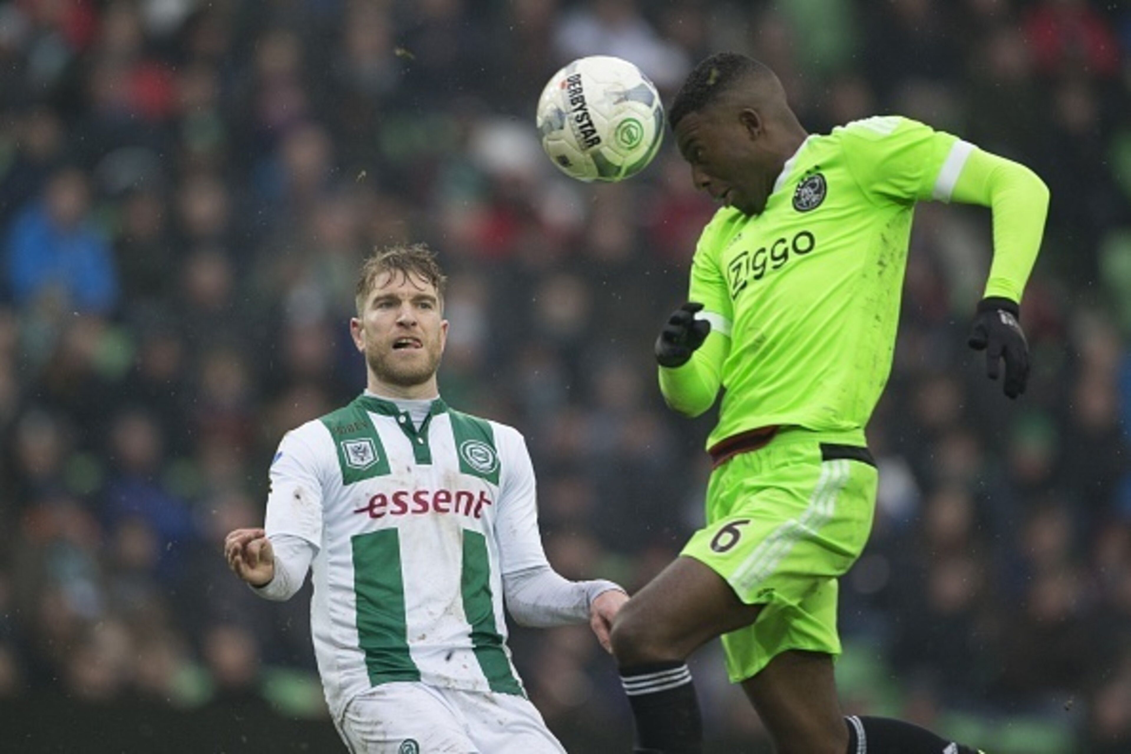 14-02-2016, Ajax, Michael de Leeuw of FC Groningen, Riechedly Bazoer of AFC Ajax, during the Dutch Eredivisie match between FC Groningen and Ajax Amsterdam at Euroborg on February 14, 2016 in Groningen, The Netherlands(Photo by VI Images via Getty Images)