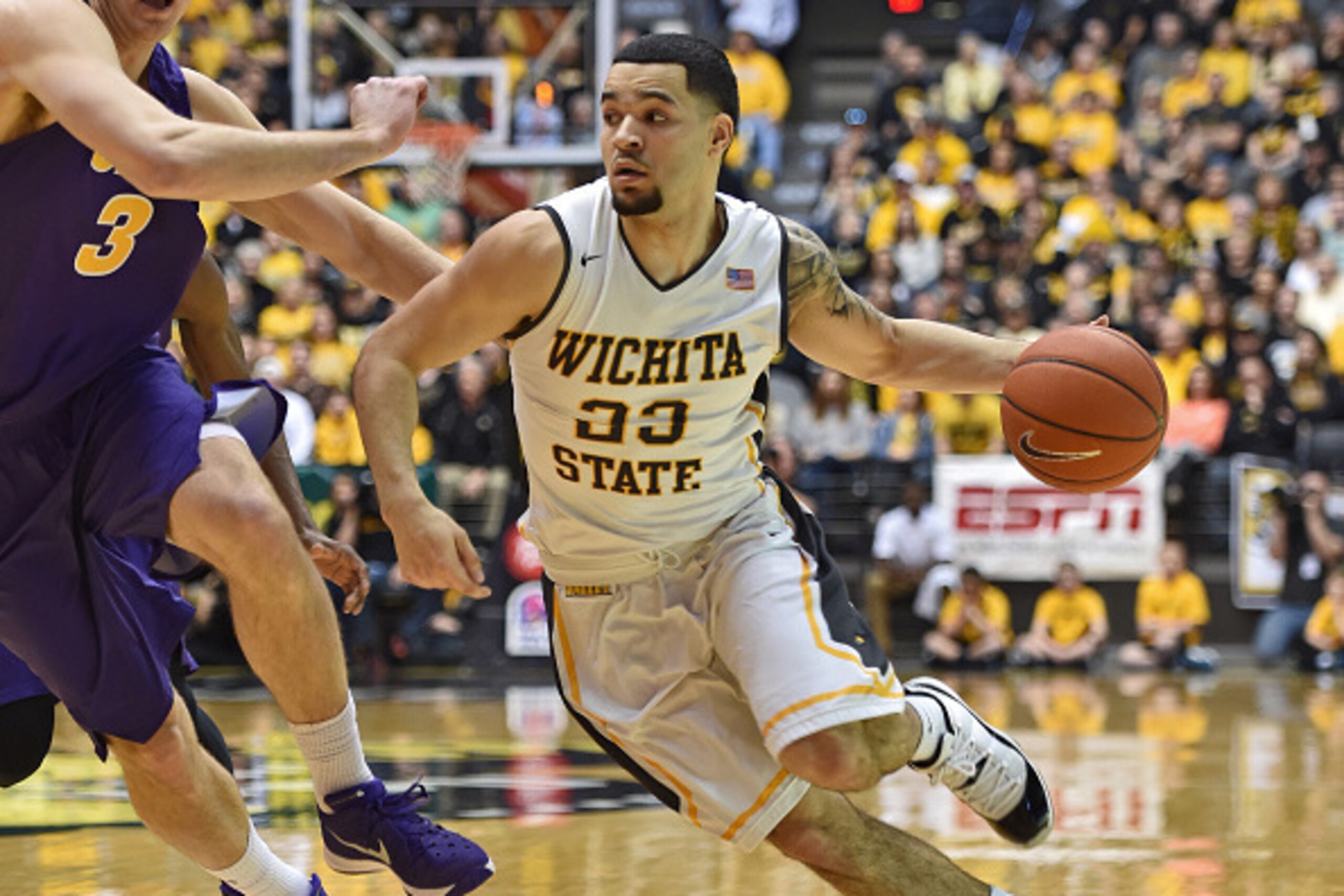 WICHITA, KS - FEBRUARY 13:  Guard Fred VanVleet #23 of the Wichita State Shockers drives against center Ted Friedman #3 of the Northern Iowa Panthers during the first half on February 13, 2016 at Charles Koch Arena in Wichita, Kansas.  (Photo by Peter G. 
