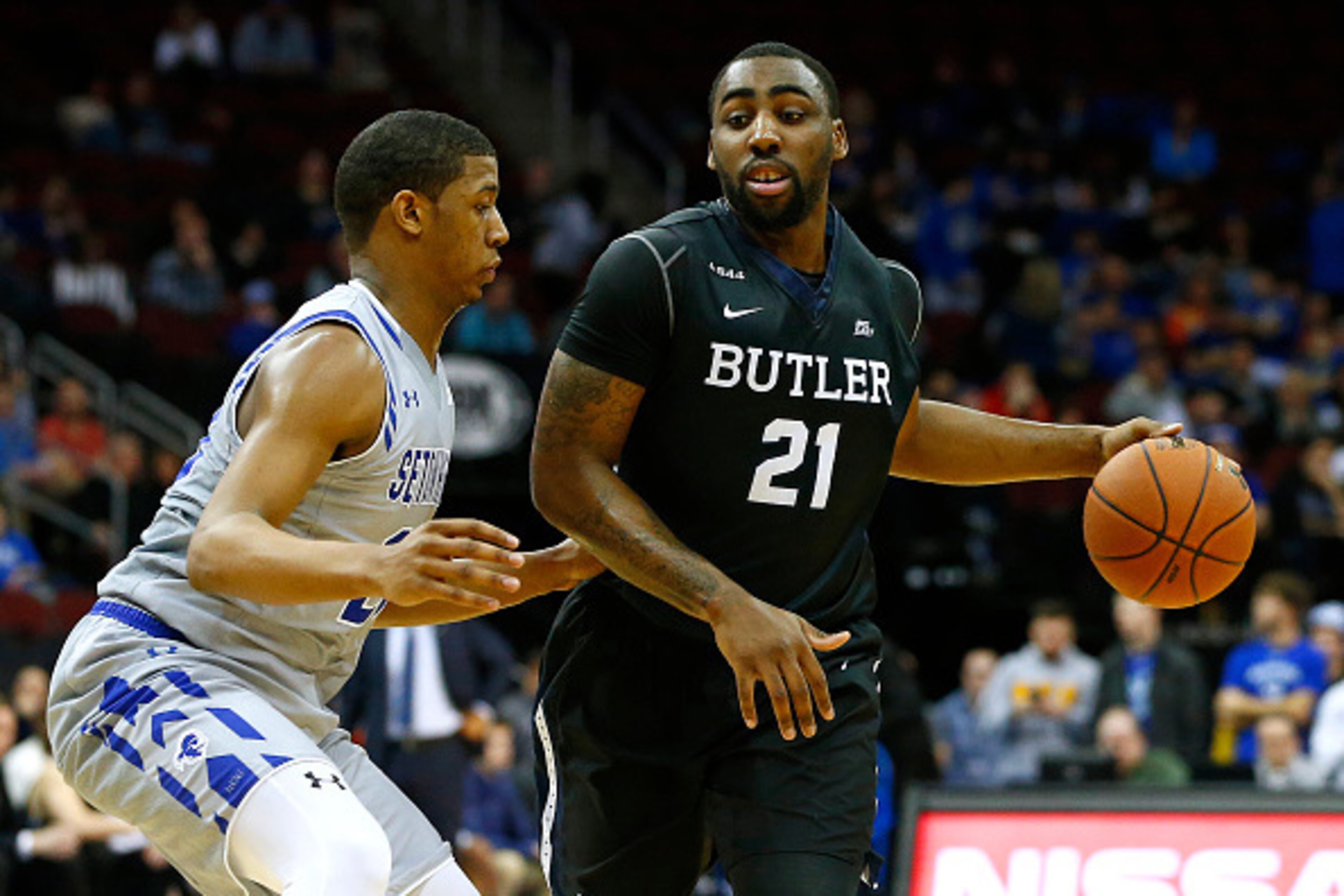 NEWARK, NJ - FEBRUARY 10: Roosevelt Jones #21 of the Butler Bulldogs is defended by Desi Rodriguez #20 of the Seton Hall Pirates during the first half of an NCAA college basketball game on February 10, 2016 at the Prudential Center in Newark, New Jersey. NEWARK, NJ - FEBRUARY 10: Roosevelt Jones #21 of the Butler Bulldogs is defended by Desi Rodriguez #20 of the Seton Hall Pirates during the first half of an NCAA college basketball game on February 10, 2016 at the Prudential Center in Newark, New Jersey.