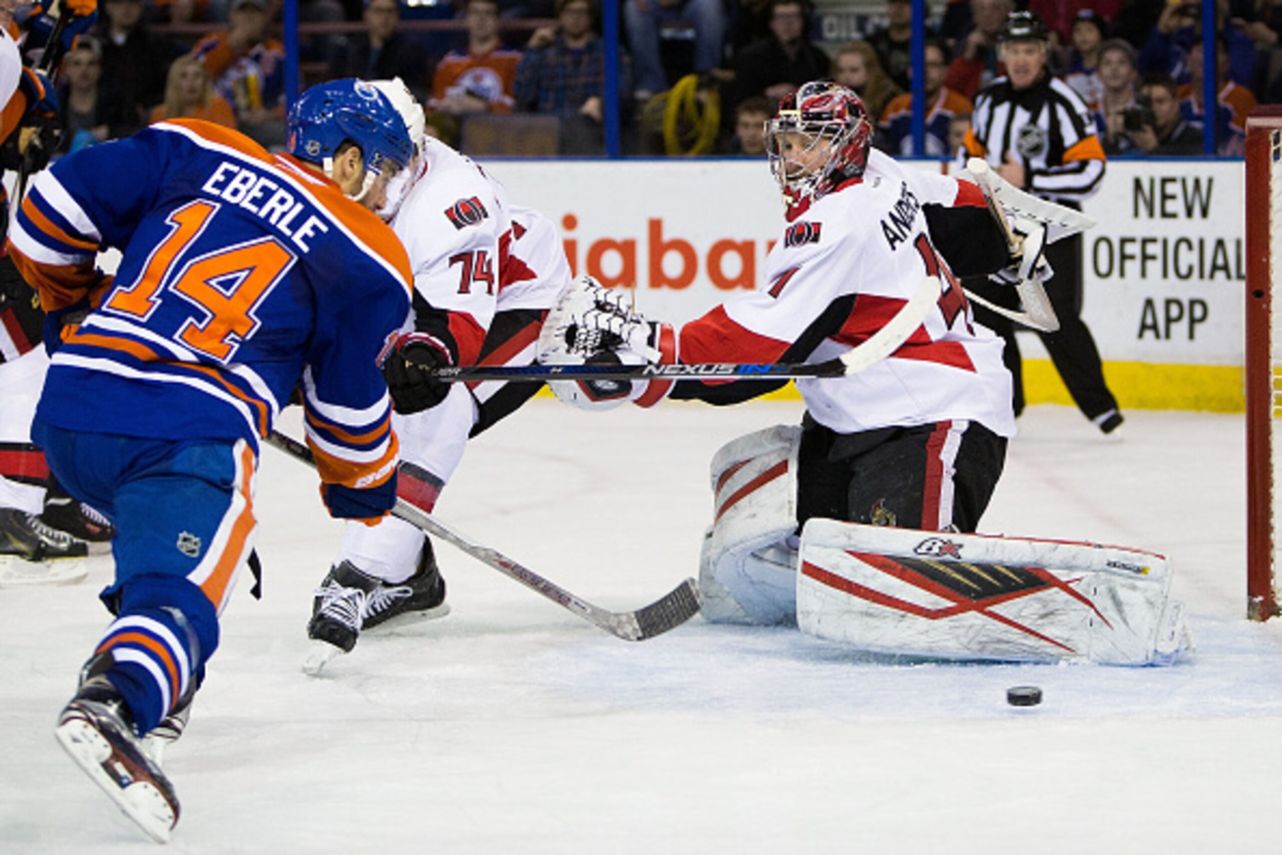 EDMONTON, AB - FEBRUARY 23:  Jordan Eberle #14 of the Edmonton Oilers scores a goal on goaltender Craig Anderson #41 of the Ottawa Senators on February 23, 2016 at Rexall Place in Edmonton, Alberta, Canada. (Photo by Codie McLachlan/Getty Images)