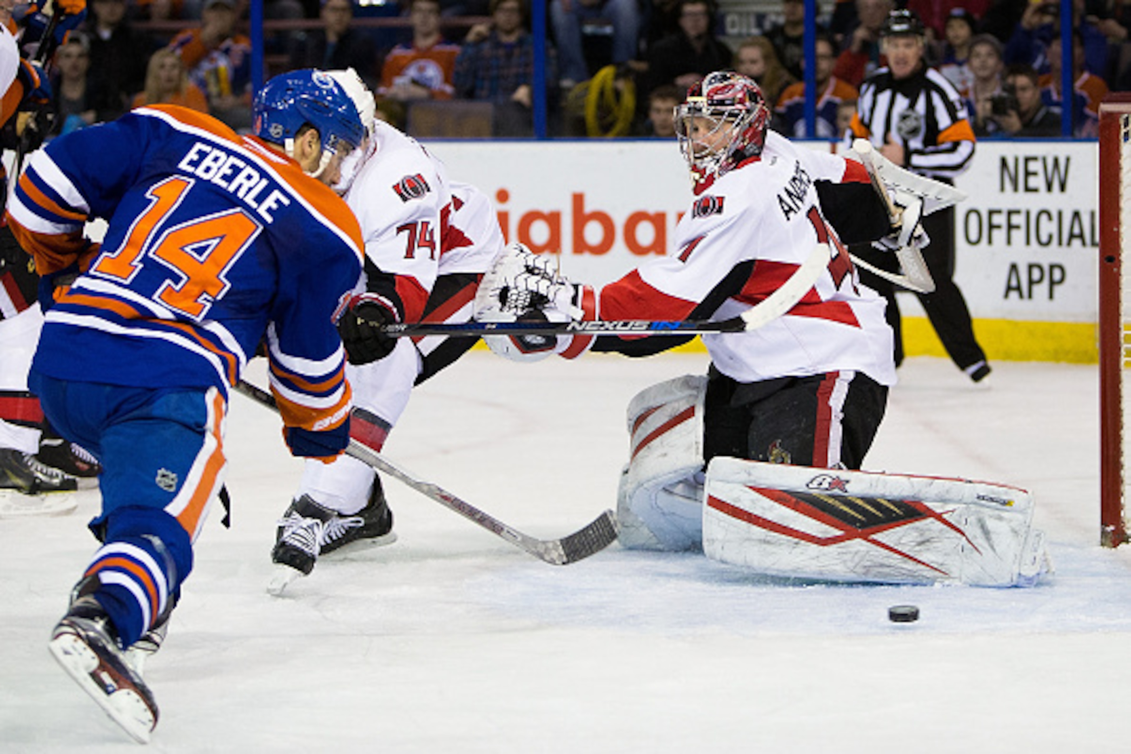 EDMONTON, AB - FEBRUARY 23:  Jordan Eberle #14 of the Edmonton Oilers scores a goal on goaltender Craig Anderson #41 of the Ottawa Senators on February 23, 2016 at Rexall Place in Edmonton, Alberta, Canada. (Photo by Codie McLachlan/Getty Images)