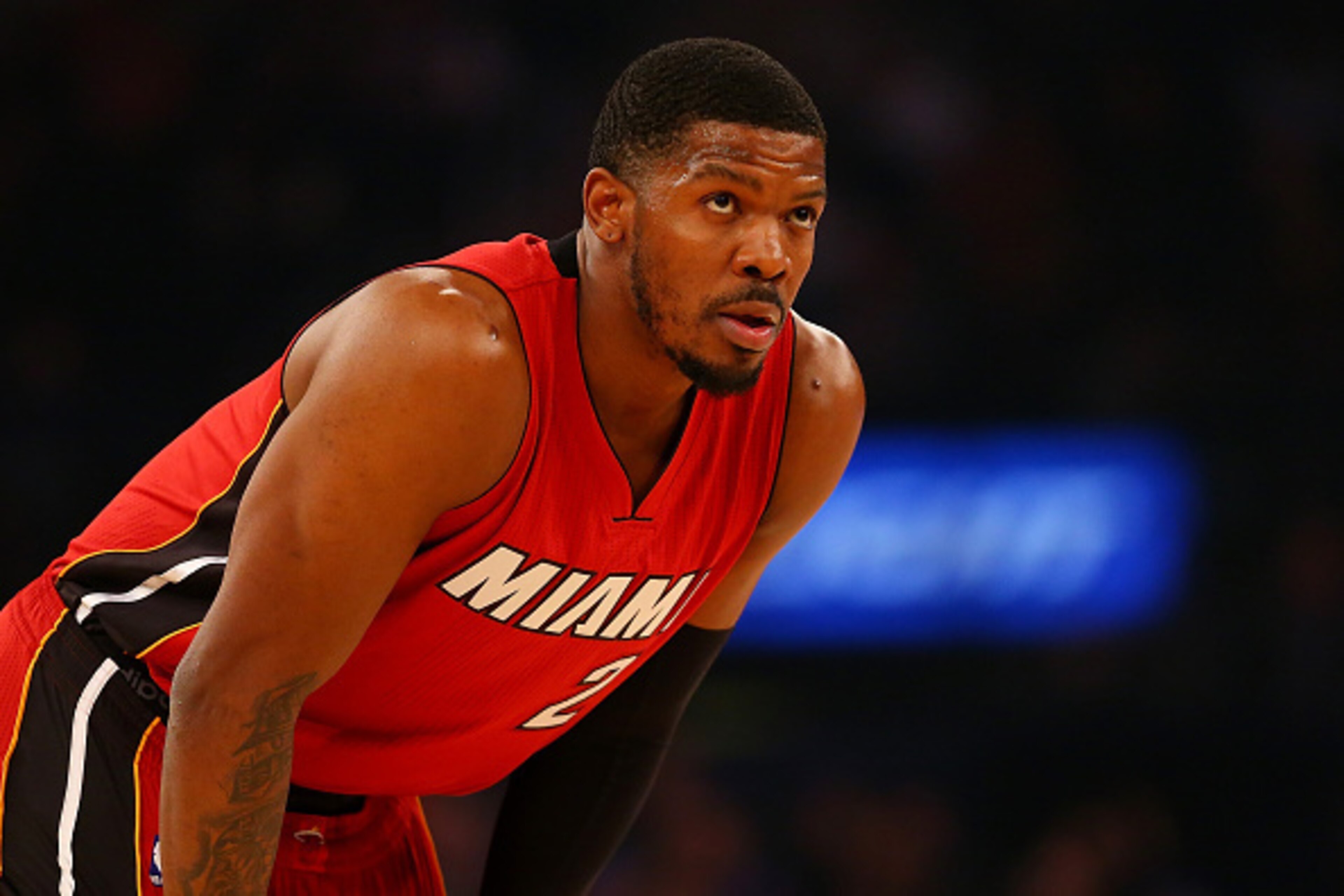 NEW YORK, NY - FEBRUARY 28:  Joe Johnson #2 of the Miami Heat looks on against the New York Knicks at Madison Square Garden on February 28, 2016 in New York City. NOTE TO USER: user expressly acknowleges and agrees by downloading and/or using this Photogr