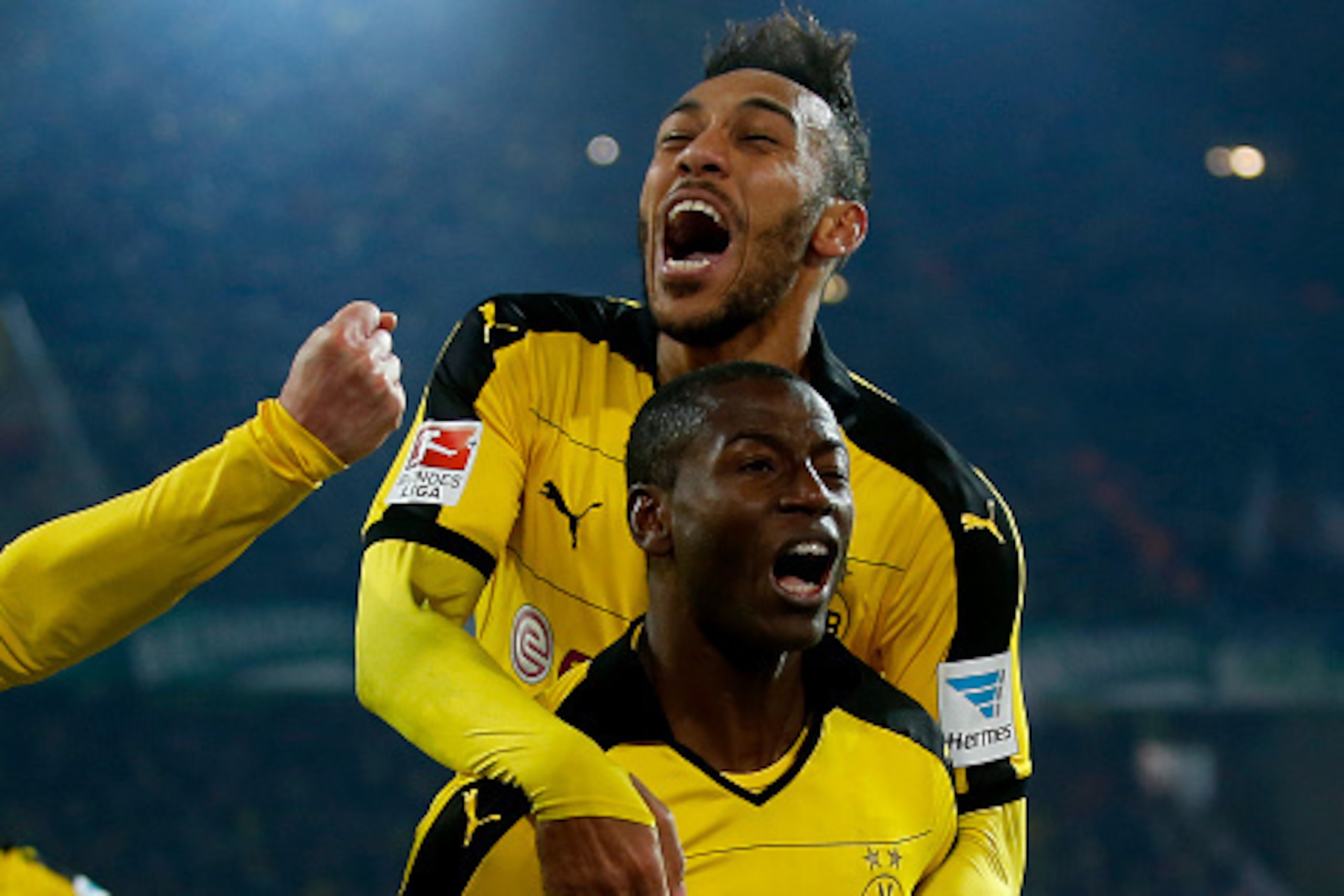 DORTMUND, GERMANY - FEBRUARY 28:  Adrian Ramos (C) of Borussia Dortmund celebrates with Pierre-Emerick Aubameyang (L) after scoring his team's second goal during the Bundesliga match between Borussia Dortmund and 1899 Hoffenheim at Signal Iduna Park on Fe