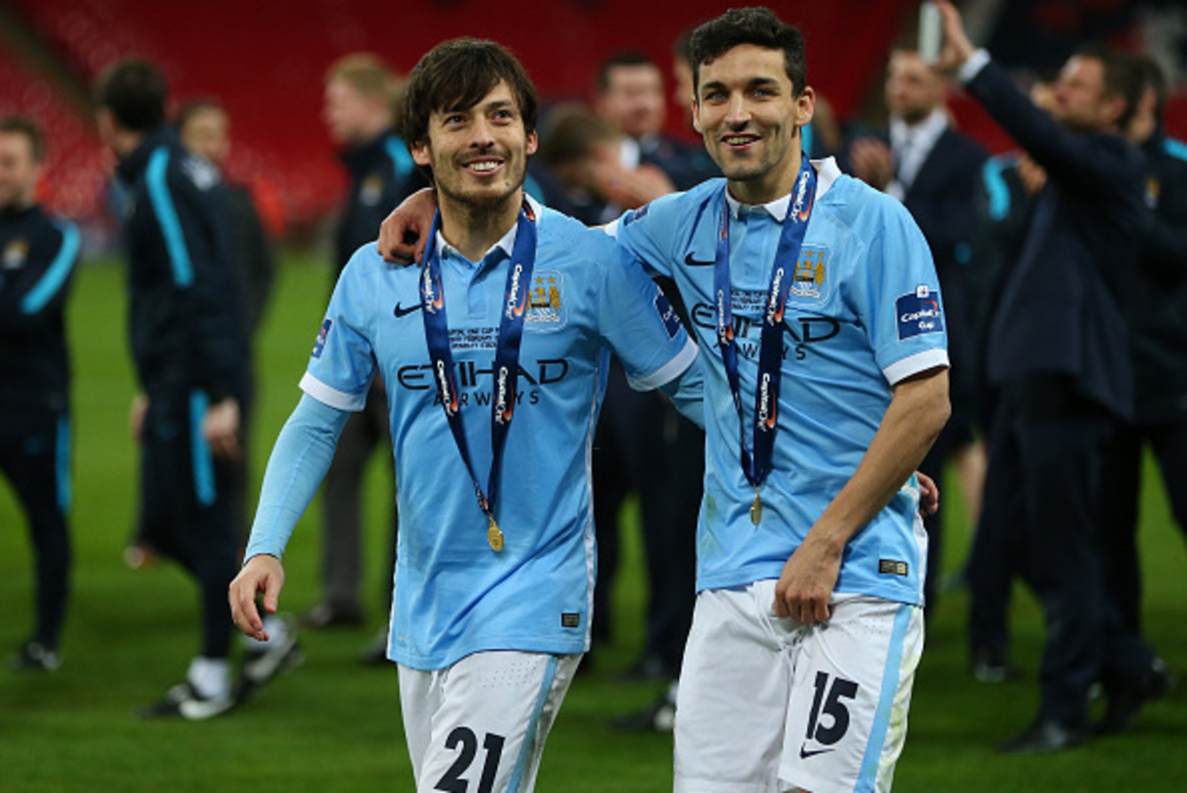 LONDON, ENGLAND - FEBRUARY 28 :  David Silva of Manchester City and Jesus Navas of Manchester City after the Capital One Cup Final match between Liverpool and Manchester City at Wembley Stadium on February 28, 2016 in London, England.  (Photo by Catherine
