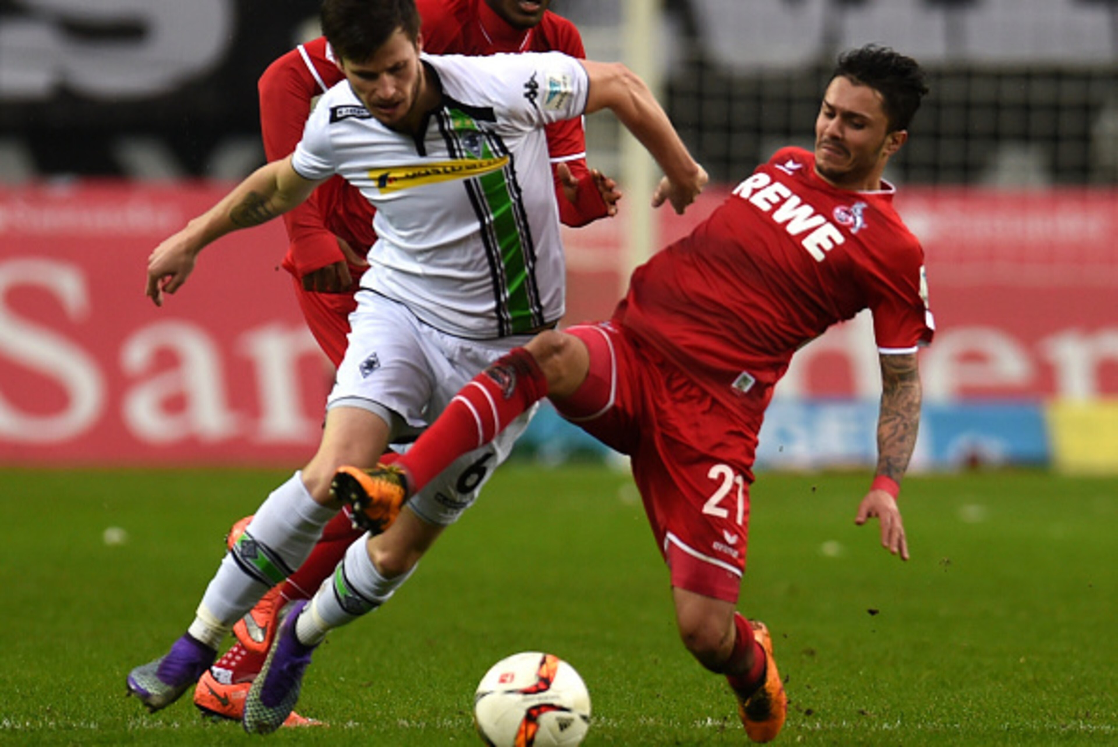 Cologne's midfielder Leonardo Bittencourt (R) and Moenchengladbach's Norwegian midfielder Havard Nordtveit vie for the ball during the German first division Bundesliga football match Borussia Moenchengladbach vs 1. FC Cologne in Moenchengladbach , western Cologne's midfielder Leonardo Bittencourt (R) and Moenchengladbach's Norwegian midfielder Havard Nordtveit vie for the ball during the German first division Bundesliga football match Borussia Moenchengladbach vs 1. FC Cologne in Moenchengladbach , western