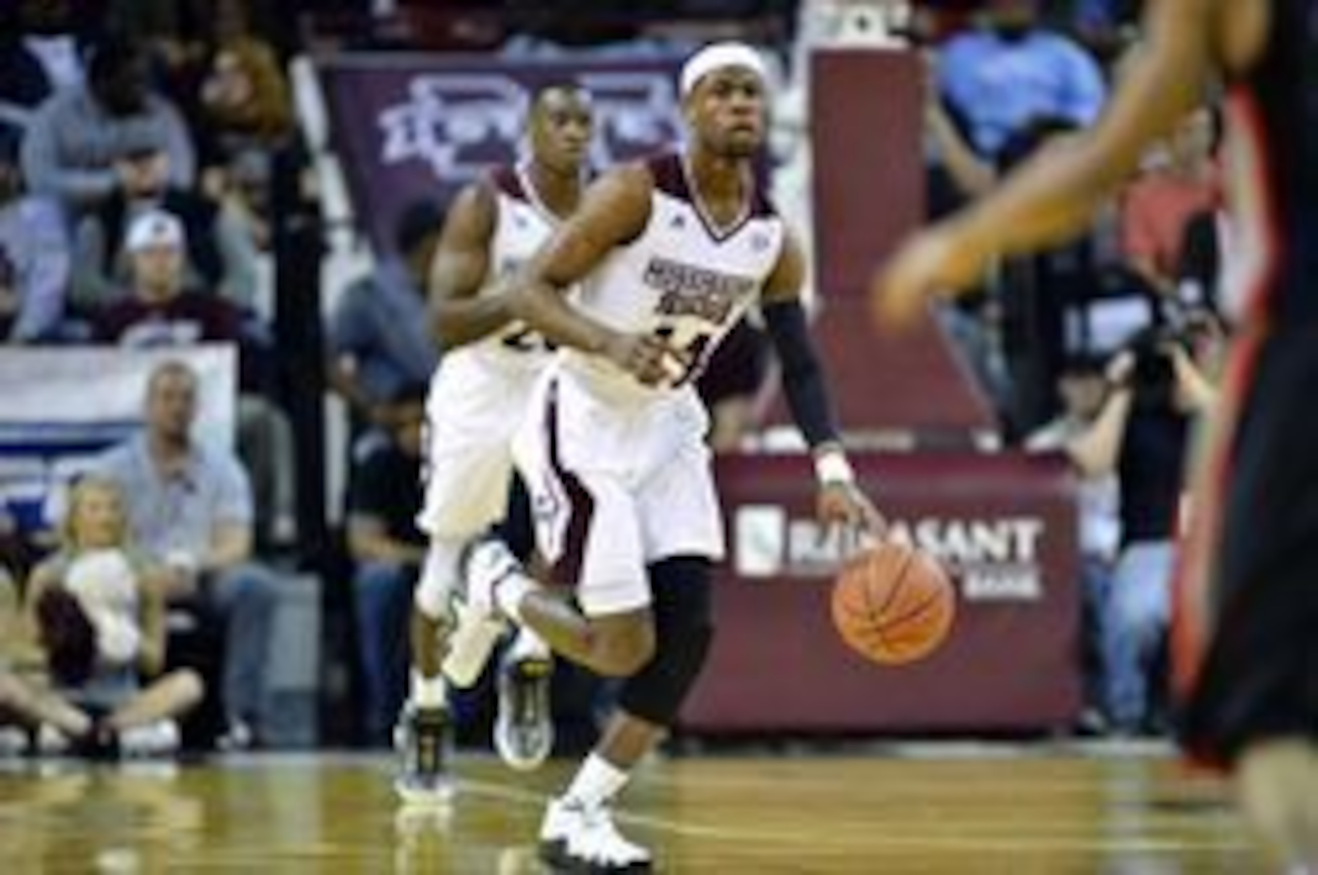 Feb 13, 2016; Starkville, MS, USA; Mississippi State Bulldogs guard Malik Newman (14) moves the ball down the court during the first half of the game against the Georgia Bulldogs at Humphrey Coliseum. Mandatory Credit: Matt Bush-USA TODAY Sports