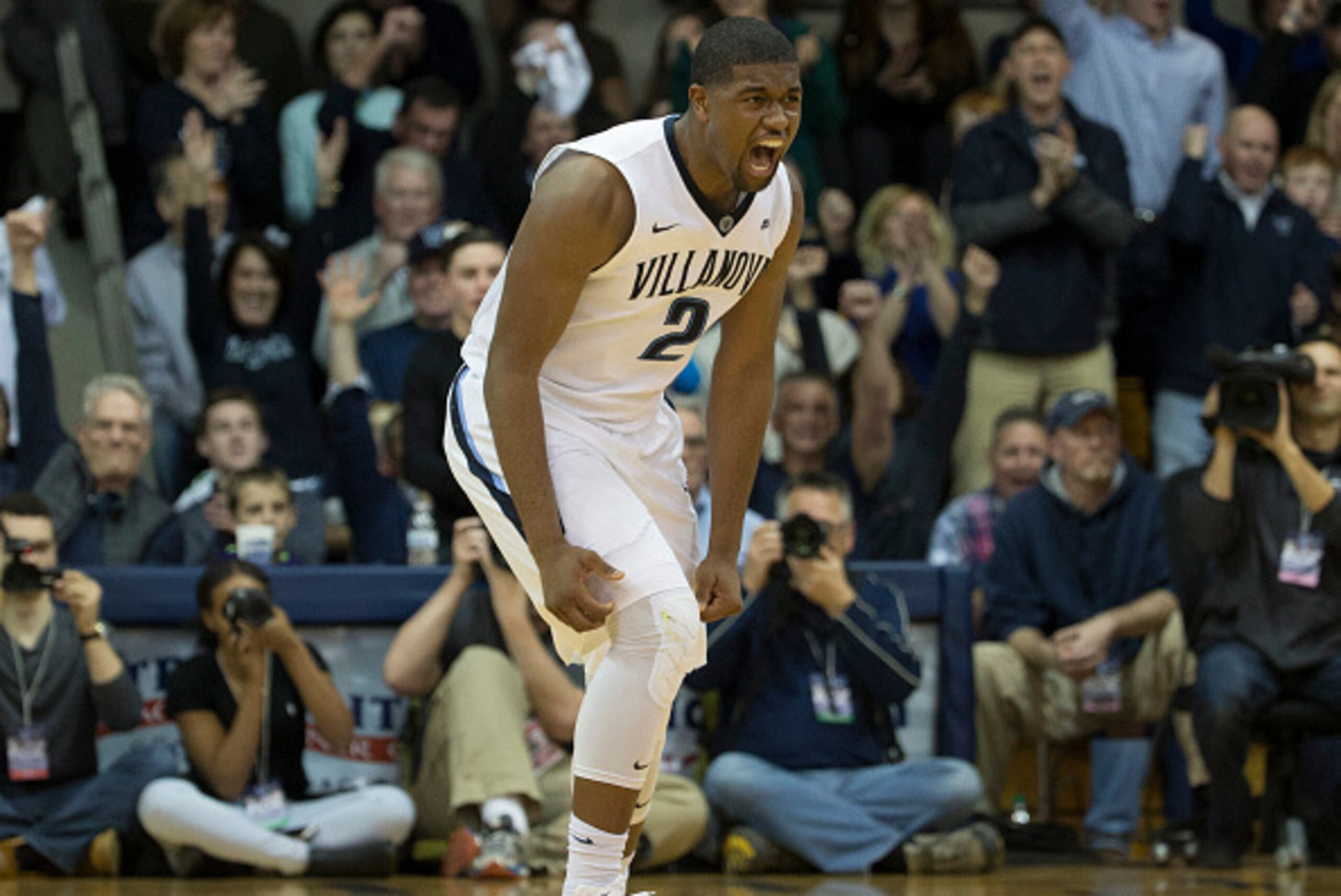 VILLANOVA, PA - FEBRUARY 20: Kris Jenkins #2 of the Villanova Wildcats reacts in the game against the Butler Bulldogs on February 20, 2016 at the Pavilion in Villanova, Pennsylvania. The Villanova Wildcats defeated the Butler Bulldogs 77-67. (Photo by Mit