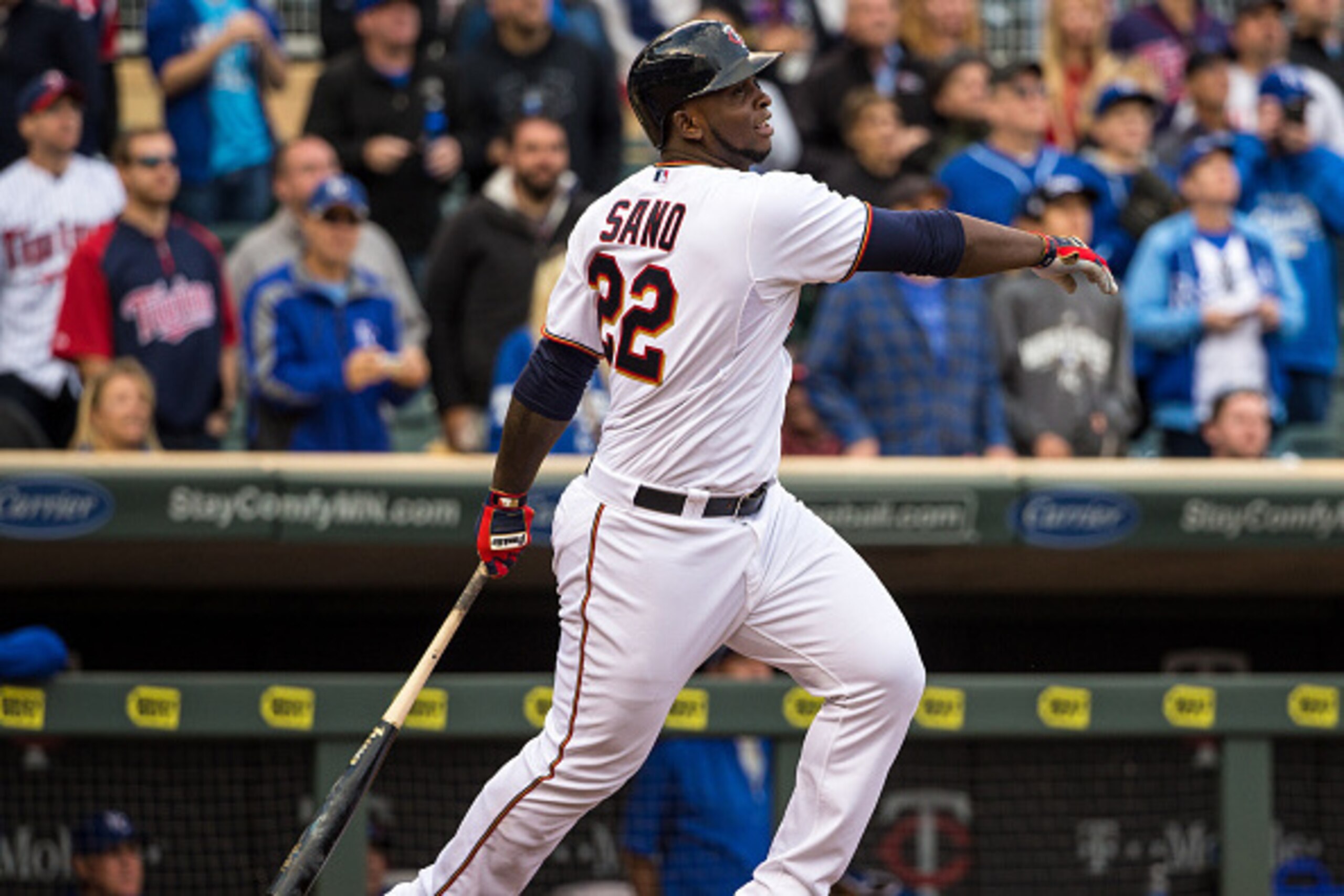 MINNEAPOLIS, MN - OCTOBER 04: Miguel Sano #22 of the Minnesota Twins bats against the Kansas City Royals on October 4, 2015 at Target Field in Minneapolis, Minnesota. The Royals defeated the Twins 6-1. (Photo by Brace Hemmelgarn/Minnesota Twins/Getty Imag
