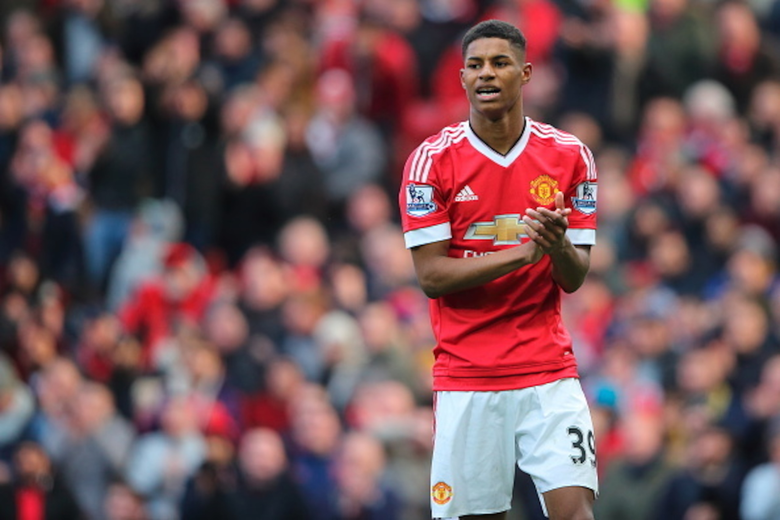 MANCHESTER, ENGLAND - FEBRUARY 28:  Marcus Rashford of Manchester United during the Barclays Premier League match between Manchester United and Arsenal at Old Trafford on February 28 in Manchester, England.  (Photo by Matthew Ashton - AMA/Getty Images)