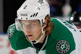 UNIONDALE, NY - OCTOBER 25:  Jyrki Jokipakka #2 of the Dallas Stars skates against the New York Islanders at the Nassau Veterans Memorial Coliseum on October 25, 2014 in Uniondale, New York. The Islanders defeated the Stars 7.5.  (Photo by Bruce Bennett/G