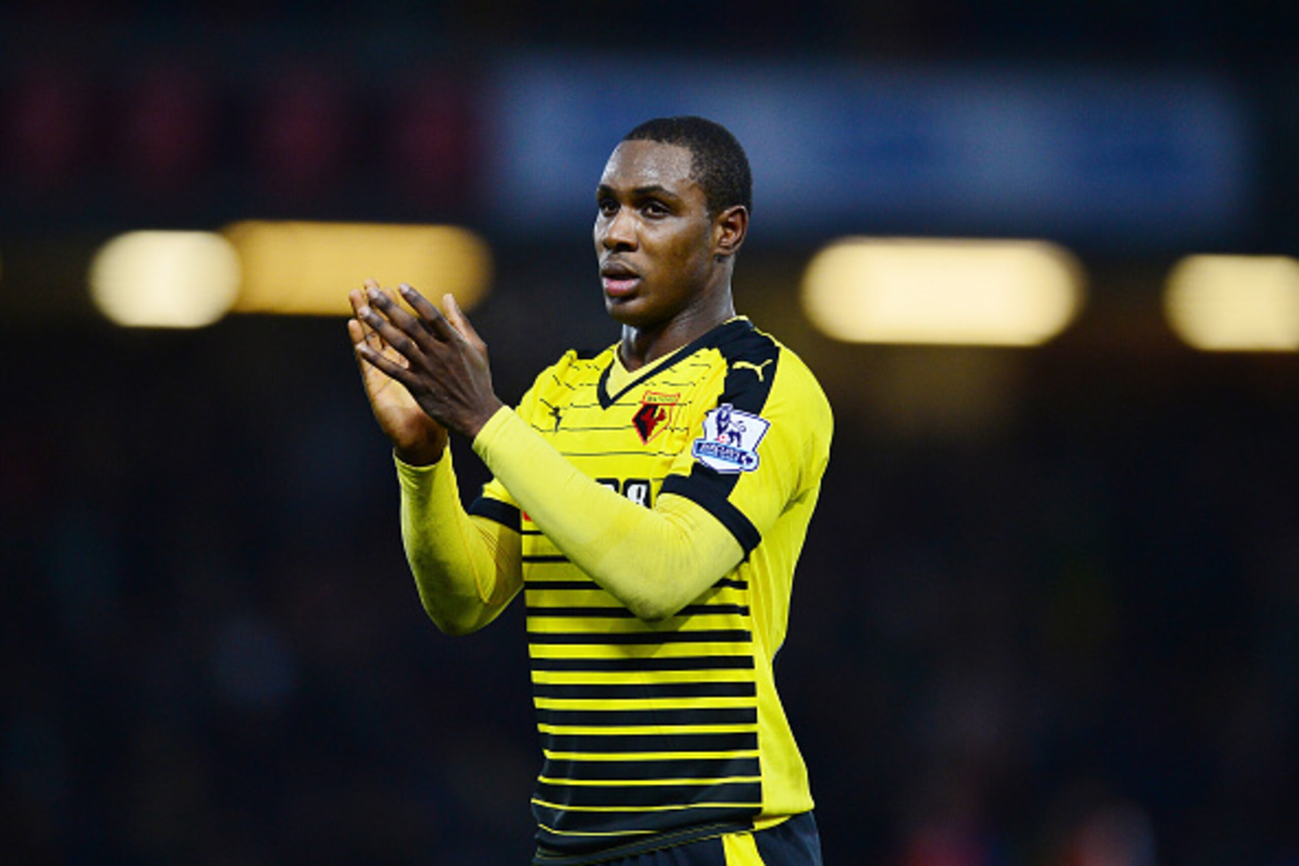 WATFORD, ENGLAND - JANUARY 23: Odion Ighalo of Watford applauds the supporters after the Barclays Premier League match between Watford and Newcastle United at Vicarage Road on January 23, 2016 in Watford, England  (Photo by Dan Mullan/Getty Images)