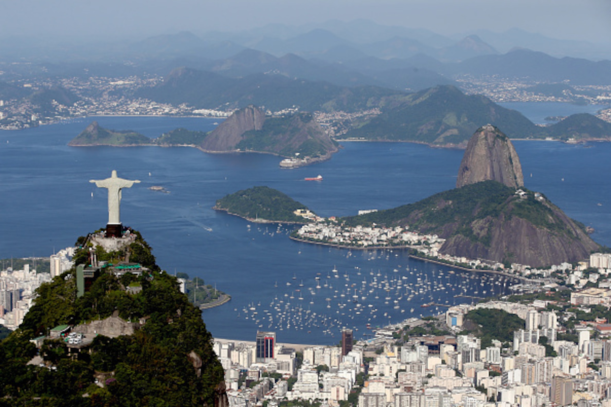 RIO DE JANEIRO, BRAZIL - FEBRUARY 05:  Aerial view of Christ the Redeemer, the Sugar Loaf and Guanabara Bay with six months to go to the Rio 2016 Olympic Games on February 5, 2016 in Rio de Janeiro, Brazil.  (Photo by Matthew Stockman/Getty Images)