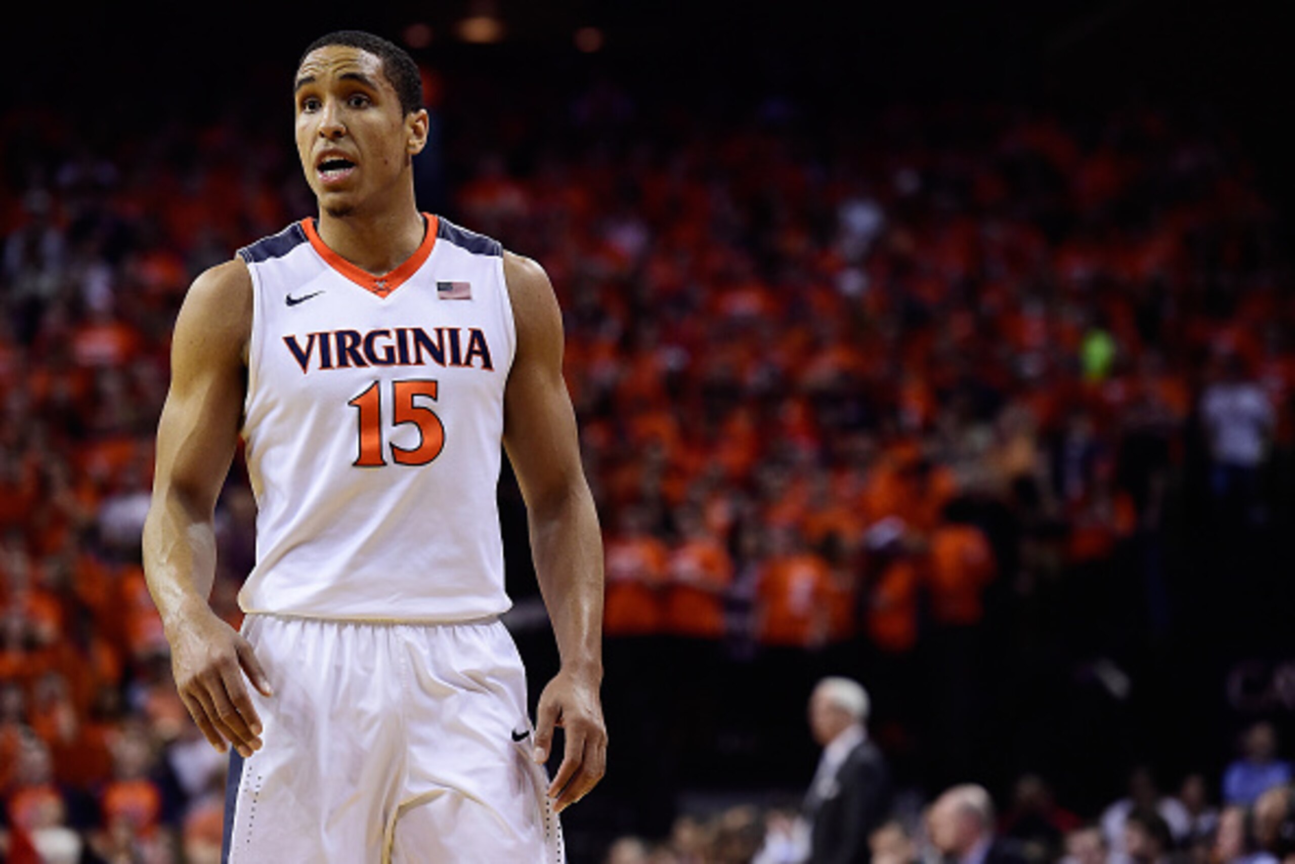CHARLOTTESVILLE, VA - FEBRUARY 27:  Malcolm Brogdon #15 of the Virginia Cavaliers in action in the first half during their game against the North Carolina Tar Heels at John Paul Jones Arena on February 27, 2016 in Charlottesville, Virginia.  (Photo by Pat