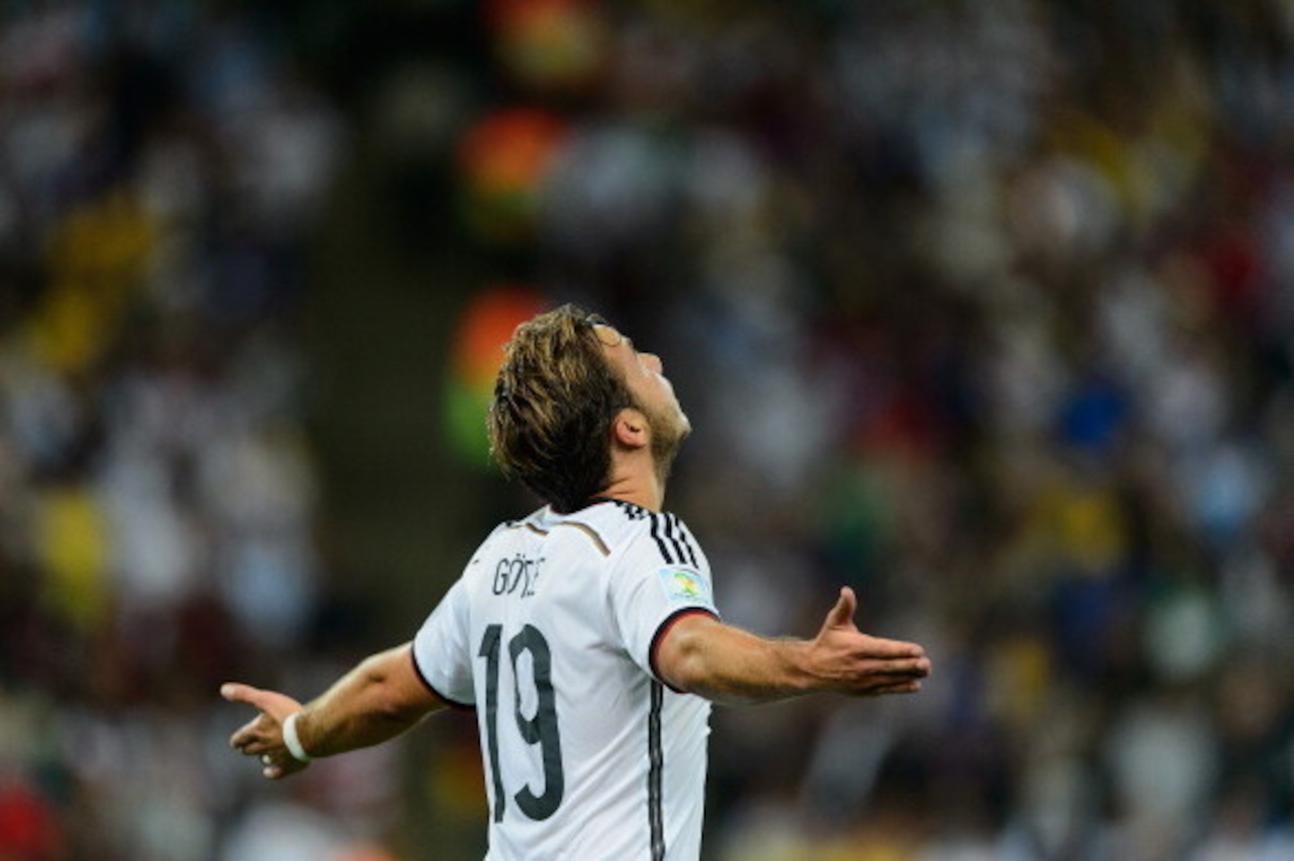 RIO DE JANEIRO, BRAZIL - JULY 13:  Mario Goetze of Germany celebrates scoring his team's first goal during the 2014 FIFA World Cup Brazil Final match between Germany and Argentina at Maracana on July 13, 2014 in Rio de Janeiro, Brazil.  (Photo by Matthias