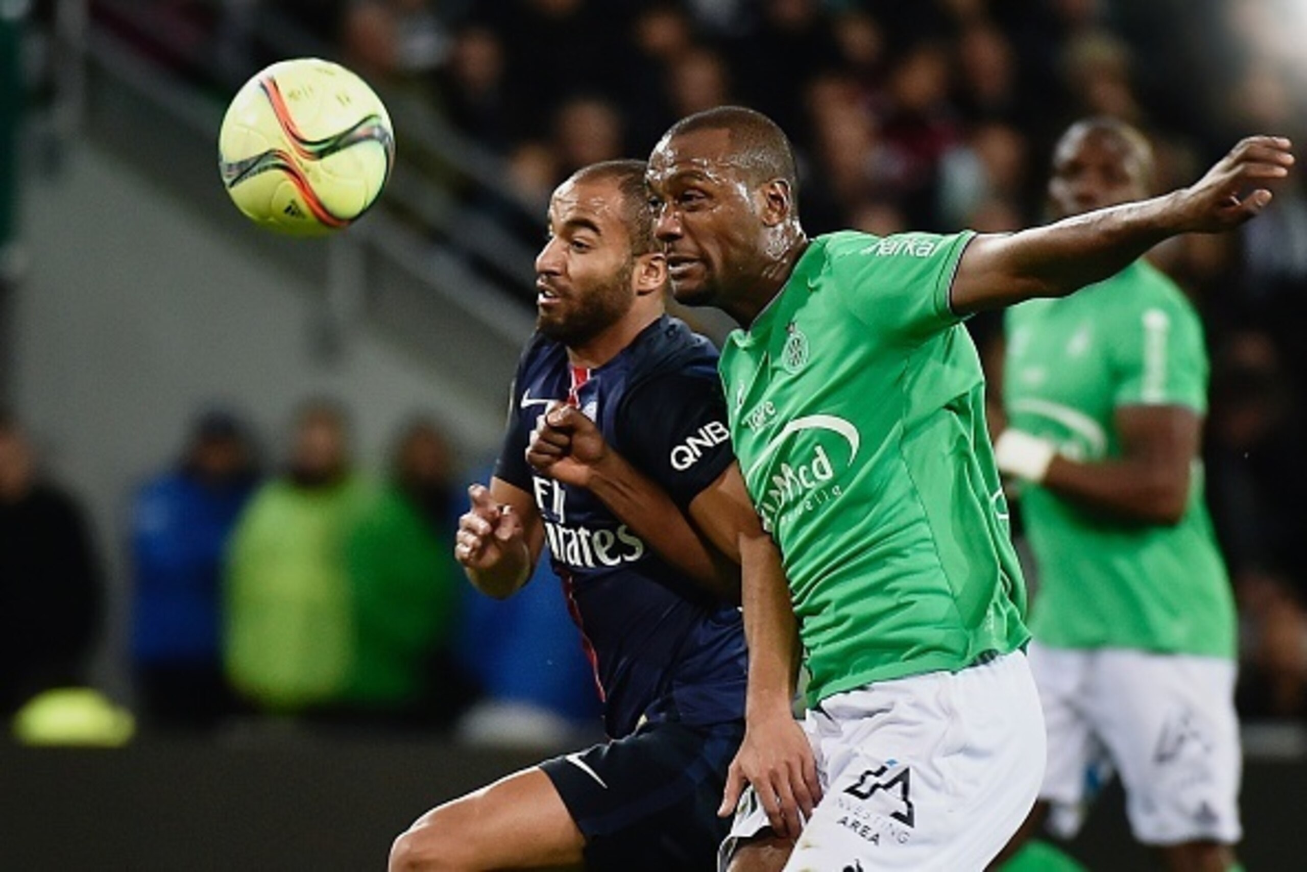 Saint-Etienne's French defender Kevin Theophile-Catherine (R) vies with Paris Saint-Germain's Brazilian midfielder Lucas Moura (L) during the Ligue1 football match between AS Saint-Etienne and Paris Saint-Germain, on January 31, 2016 at the Geoffroy Guich Saint-Etienne's French defender Kevin Theophile-Catherine (R) vies with Paris Saint-Germain's Brazilian midfielder Lucas Moura (L) during the Ligue1 football match between AS Saint-Etienne and Paris Saint-Germain, on January 31, 2016 at the Geoffroy Guich